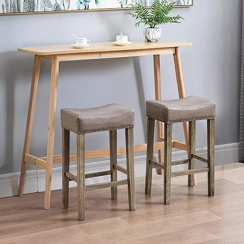 Miniatura 7 de Juego de 2 taburetes de bar de piel sintética de 29 pulgadas con patas de madera maciza, sillas de cocina sin espalda de mediados de siglo, asiento
