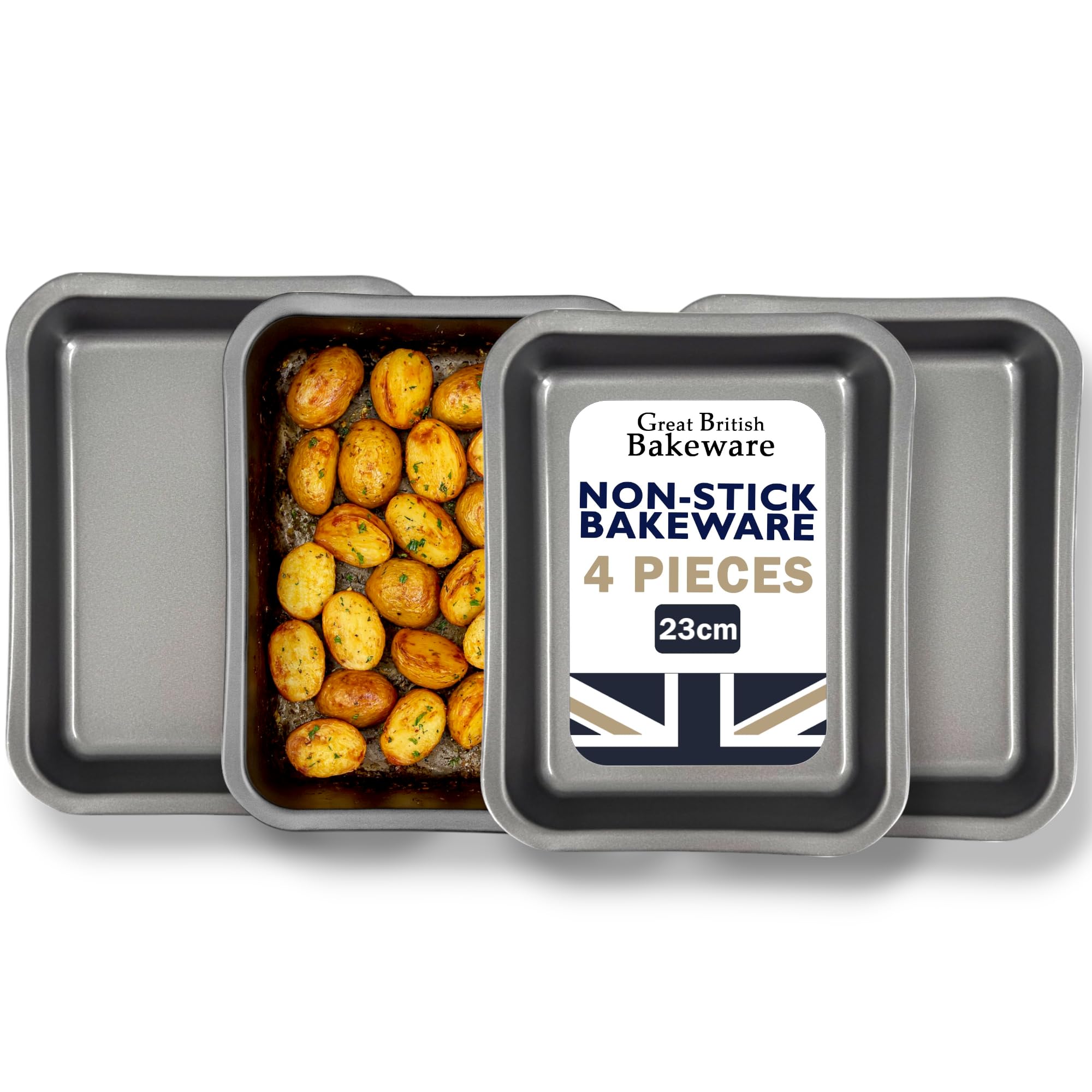 Great British Bakeware 4 Pack 23cm Superior Double Coated Non Stick Oven Tray, Baking Tray, Roasting Tins, Baking Set, Turkey/Chicken Roasting, PFOA BPA Free Cookware, Made in England