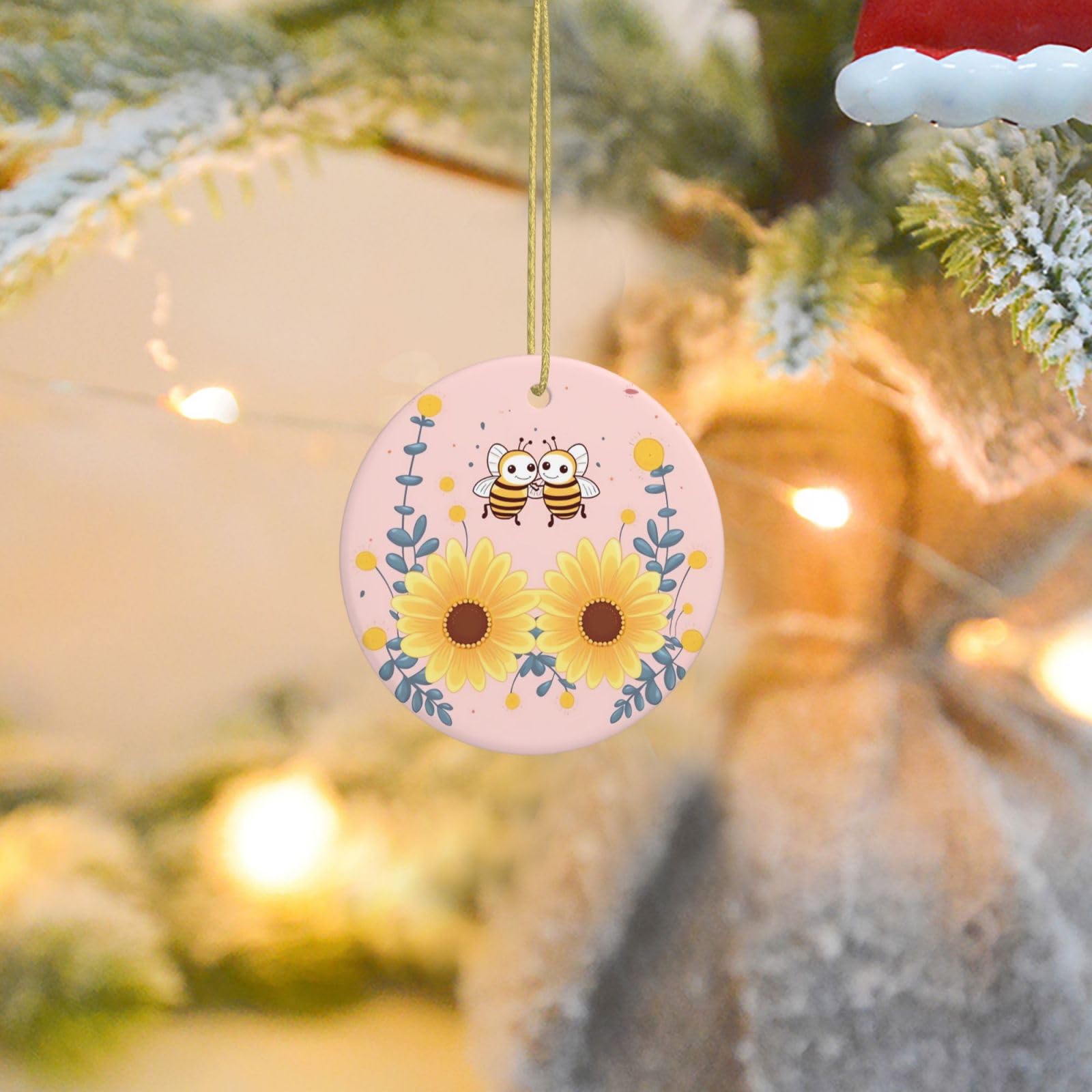 Christmas Tree Ornaments Ceramics Christmas Round Decorations Cute Bees and Flowers Ceramics Ornaments Circle Pentagram Xmas Tree Hanging Pendant for Christmas Tree Party Holiday Home Decor