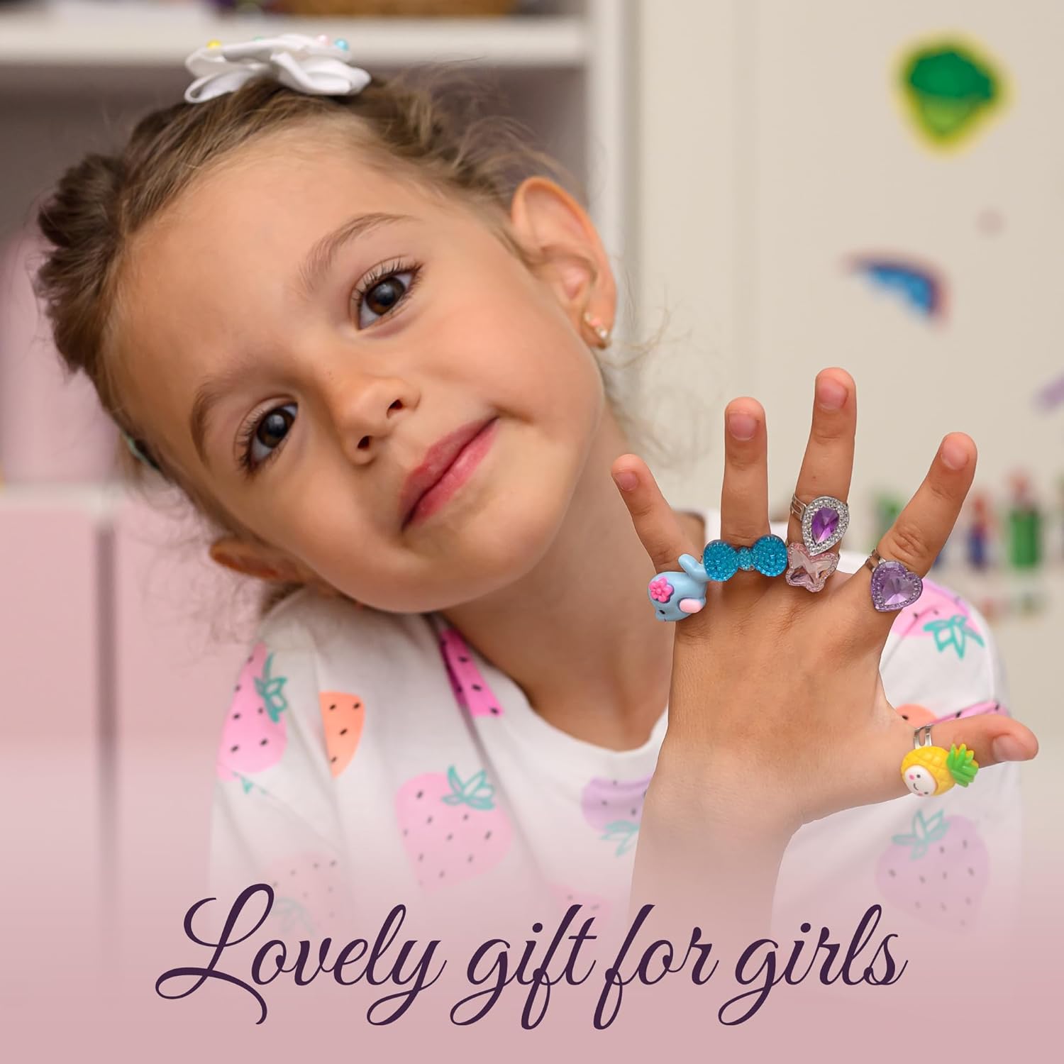 nutty toys Little Girl Jewel Rings, 24 Adjustable Kids' Dress Up Pretend Play Jewelry Set, Best Birthday & Top Valentine's Day Gift 2026, Unique Easter Present for Girls Ages 5 6 7 8 9 10 11 Year Old