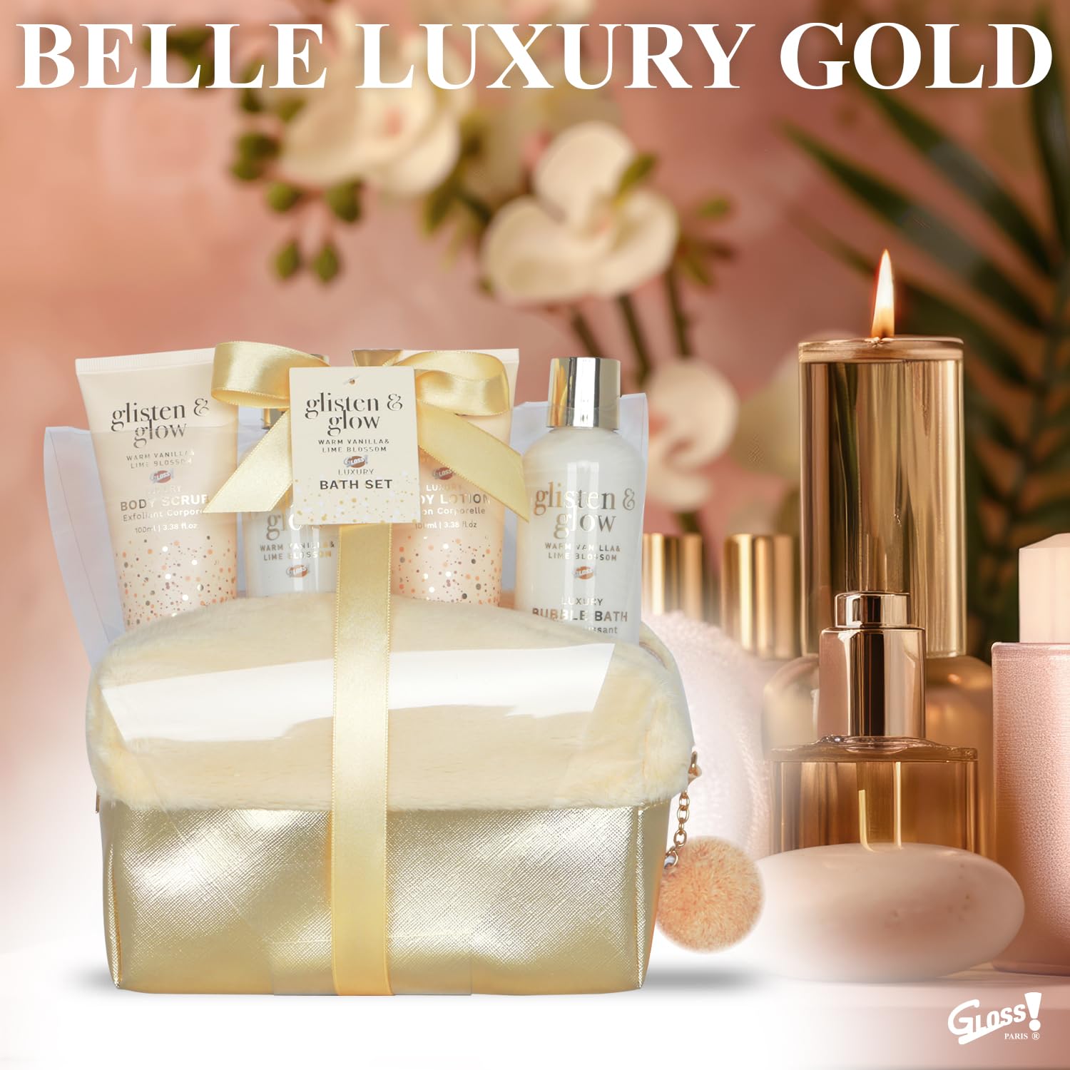 GLOSS ! Zestaw kąpielowy LUXURY GOLD - Damskie pudełko kosmetyczne - Kosz na kosmetyki, pielęgnacja i dobre samopoczucie - Prezent dla kobiet, na urodziny, Boże Narodzenie, dla kochanki, na Dzień