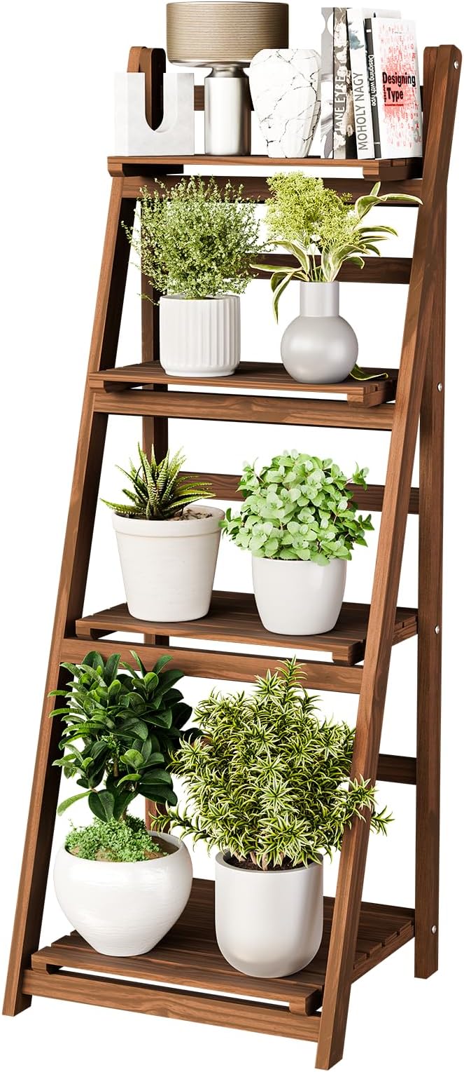 IDZO 4 Tier Wooden Ladder Shelf 44 in Bookcase Ladder Shelf Storage Shelves Rack Shelf Unit for Office and Home 44 x 16.5 inches, Wood Brown