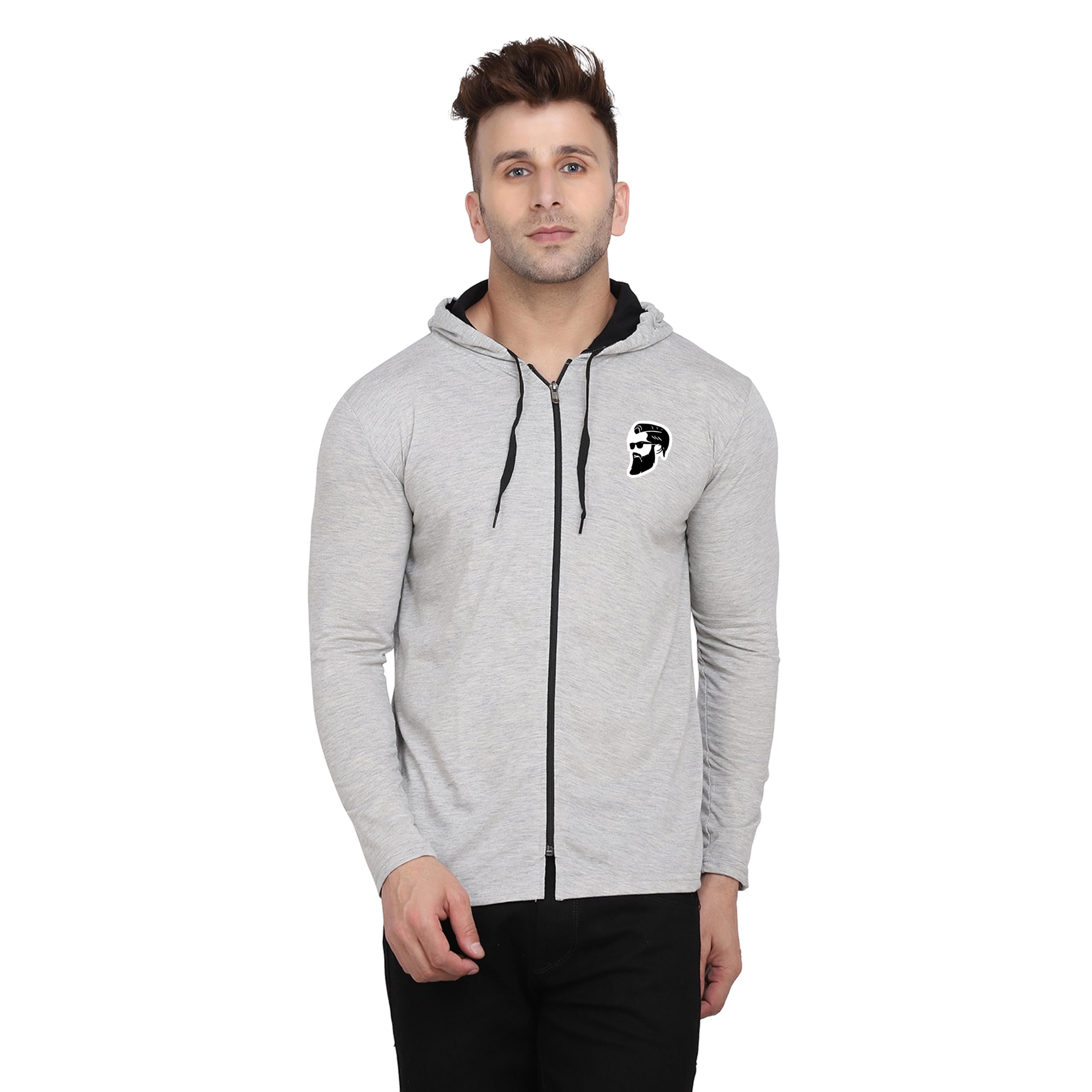 Men's Zip-Up Hoodie Style T-Shirt | Dual Tone Full Sleeve Cotton Blend with Printed Logo | Casual Athleisure Wear Silver-image-47