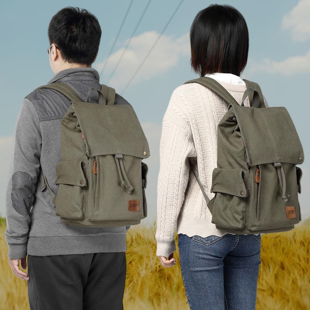Canvas Vintage Backpack Casual Outdoor Daypack Rucksack for Men Women 15.6inch Laptop Hiking Travel Backpacks (ARMY GREEN) - Image 3