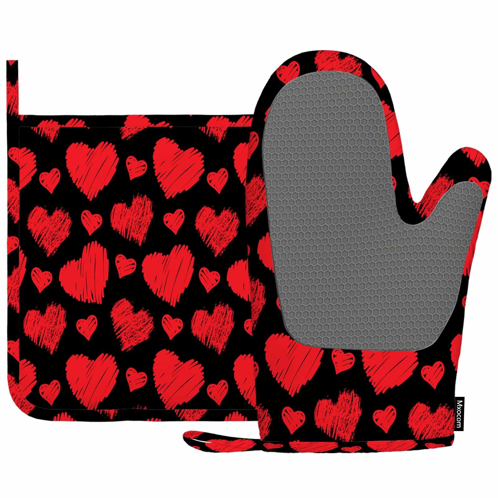 Mxocom Red Hearts Heat-Resistant Oven Mitts and Pot Holder Line Hearts on Black Background Kitchen Non-Slip Cooking Microwave Gloves for Cooking