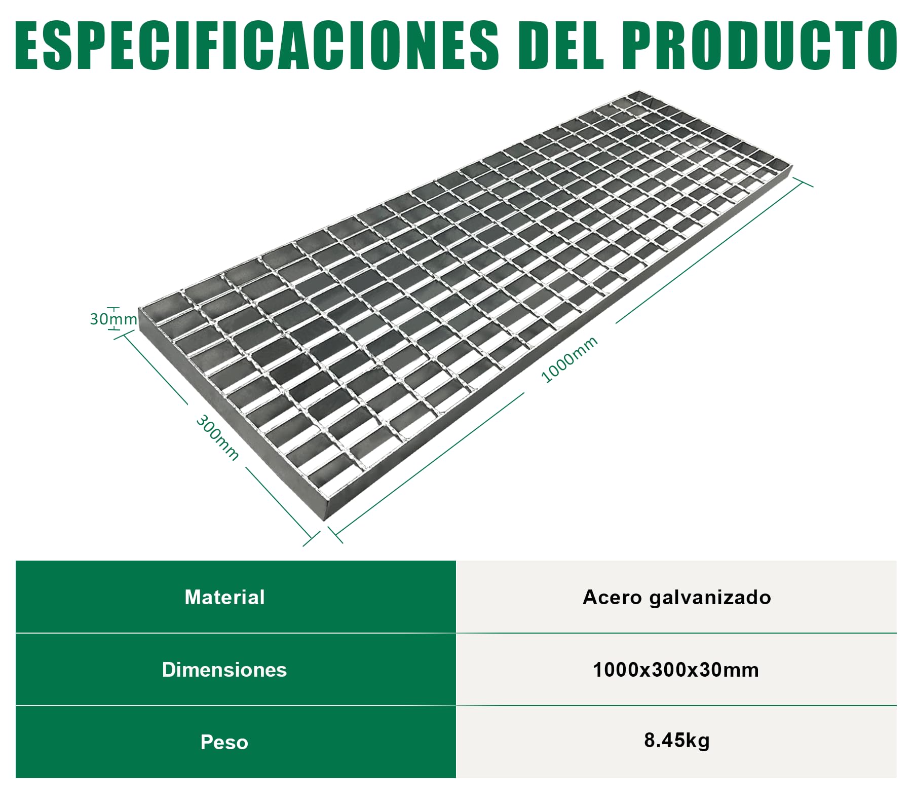 Rejilla de 1000 x 300 x 30 mm, galvanizada, B125, rejilla estándar de construcción, rejilla de acero galvanizado en caliente para canalones de drenaje y calzadas, garaje, escaleras de