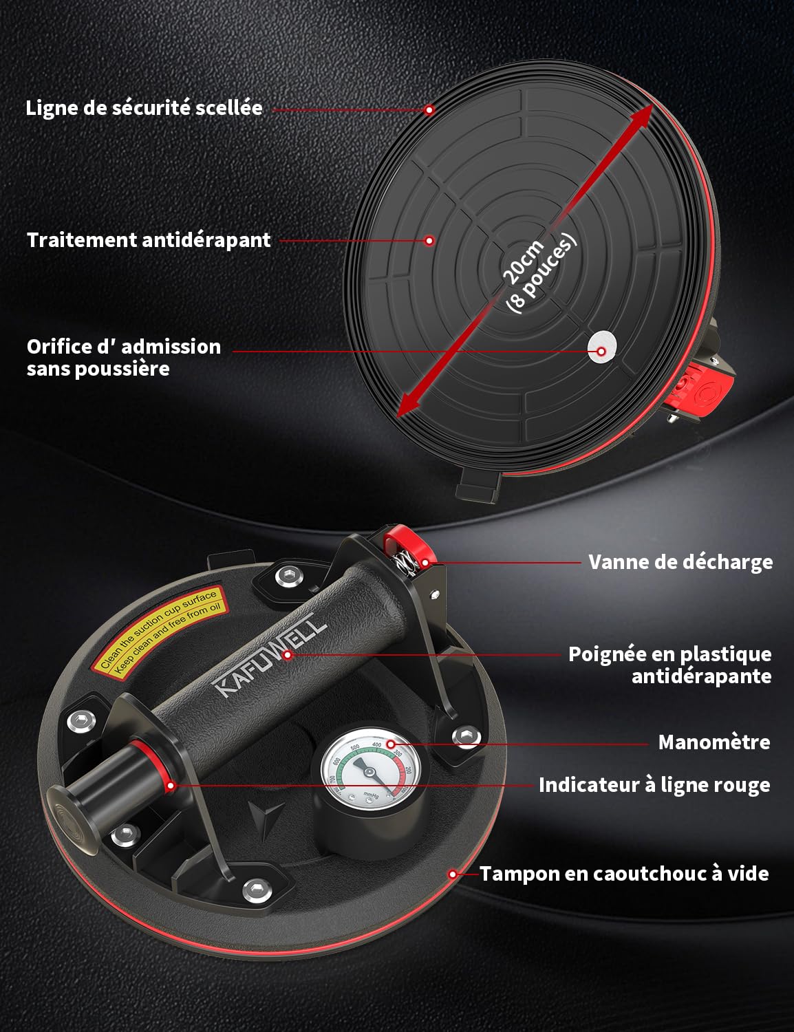 2 x Ventouse Carrelage avec Manomètre, Ventouse Vitre Professionnelle, Charge Max 200 kg/pièce, VentousePare Brise pour Verre, Carreaux, Marbre, Meubles, Plaques, Diamètre 200mm avec Boîte