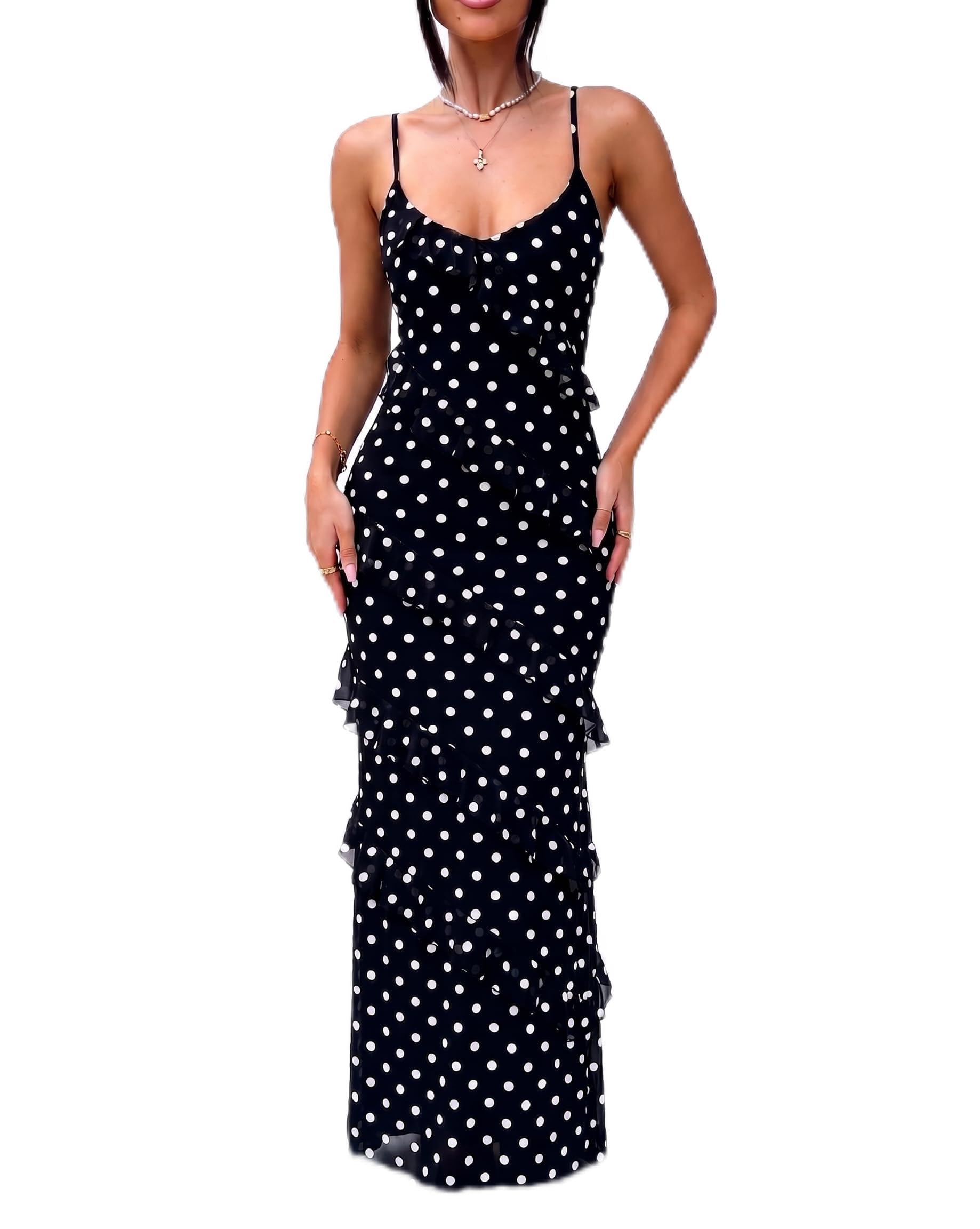 HOCILLE Women's Sexy V Neck Mesh Bodycon Wedding Guest Cocktail Maxi Dress | Sundress Spaghetti Strap Elegant Ruffle Party Long Dresses