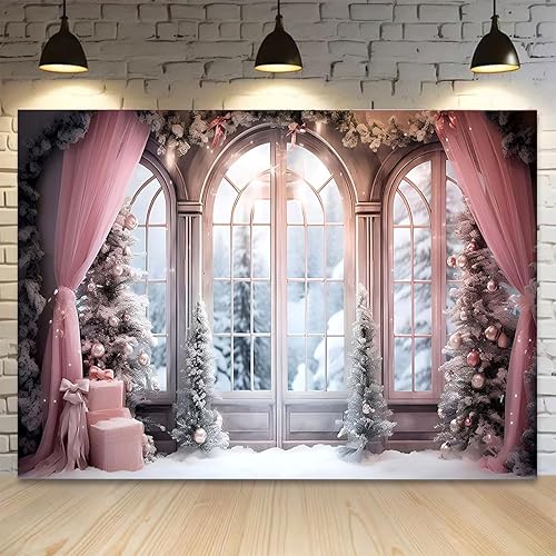 Miniatura 2 de Cortina rosa de invierno, fondo fotográfico de Navidad, invierno, nieve, bosque, ventana, fondo de fotografía, decoración de fiesta familiar, baby