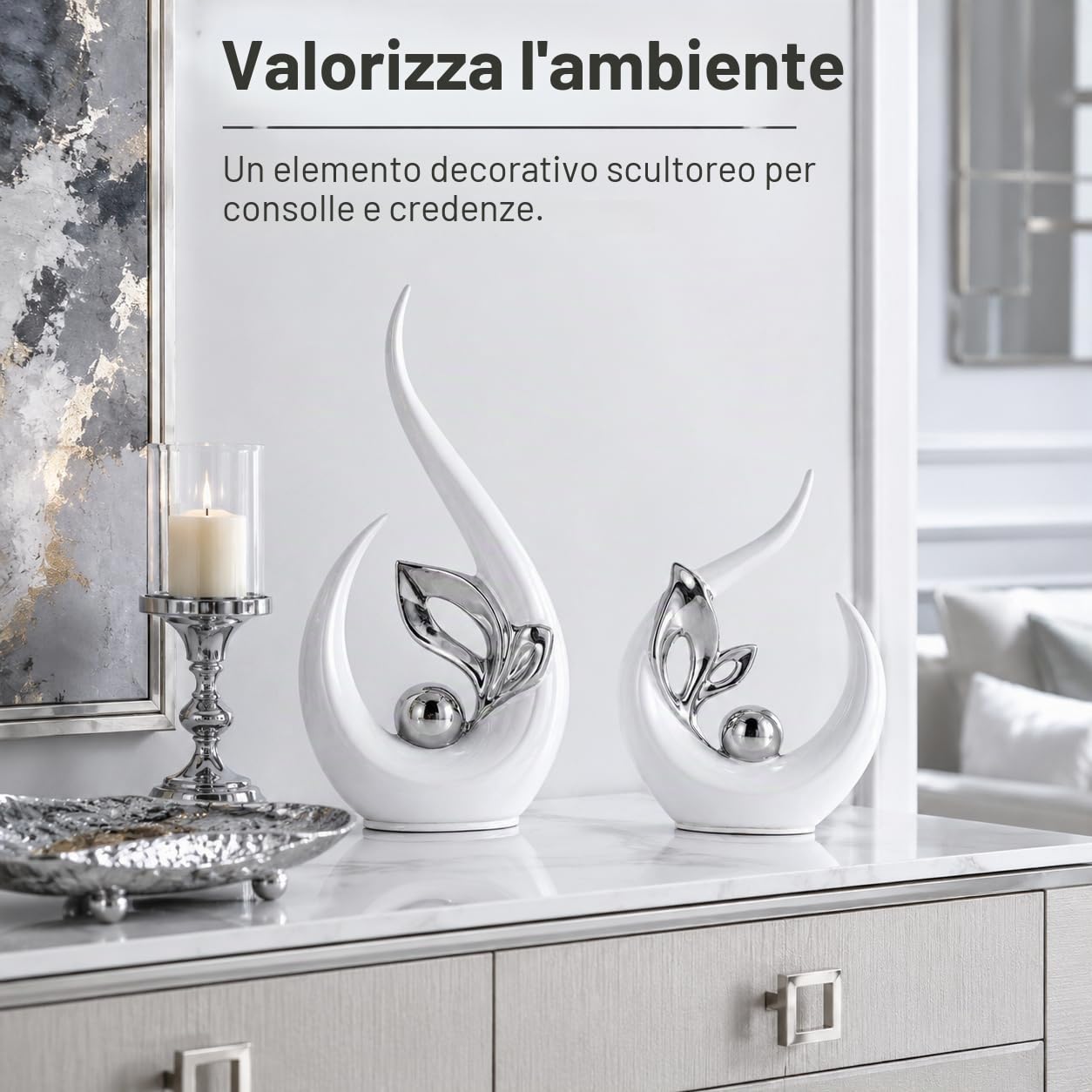 XMGZQ Bianco e Argento Statua in Ceramica Set di 2,Scultura Moderna,Ornamenti Astratta,Oggetto Decorativo,Decorazioni della Tavola per il Soggiorno Sala da Pranzo Bedroon Office Centrotavola