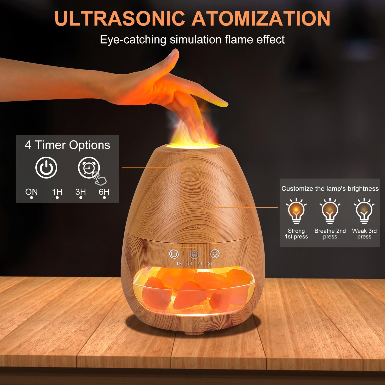 Diffusore di Oli Essenziali con Effetto Fiamma, GuKKK 200ml Diffusore di Oli Essenziali con Pietra di Sale, Aromaterapia Aromi Diffusore, Umidificatore Silenzioso con 3 Timer, per Ambiente, Casa, Spa