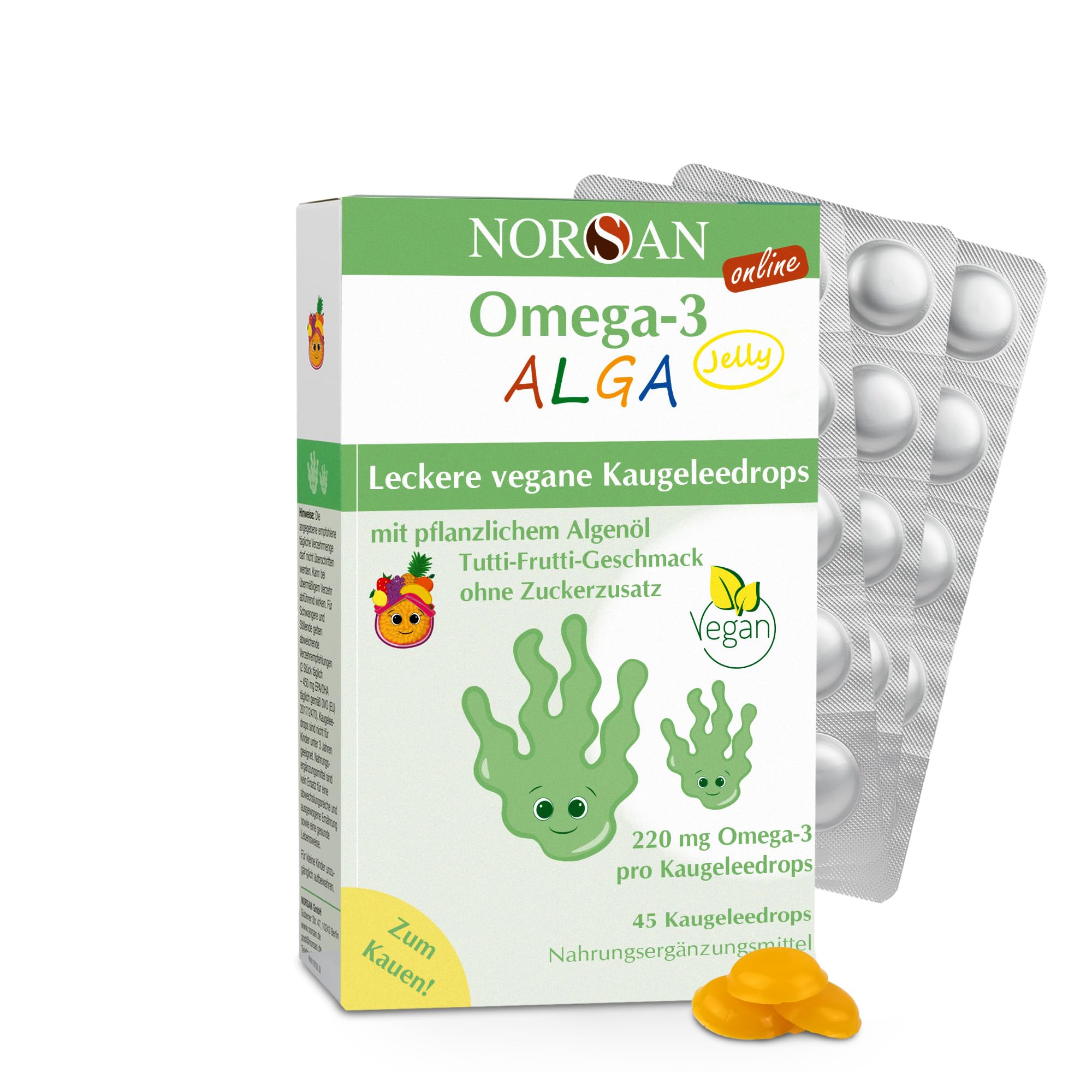 NORSAN Omega 3 ALGA JELLY 45 hochdosiert 45 Stück - Omega-3 vegan hochdosiert 220mg pro Kaugeleedrops - veganes Algenöl mit EPA & DHA - mit Tutti-Frutti-Geschmack