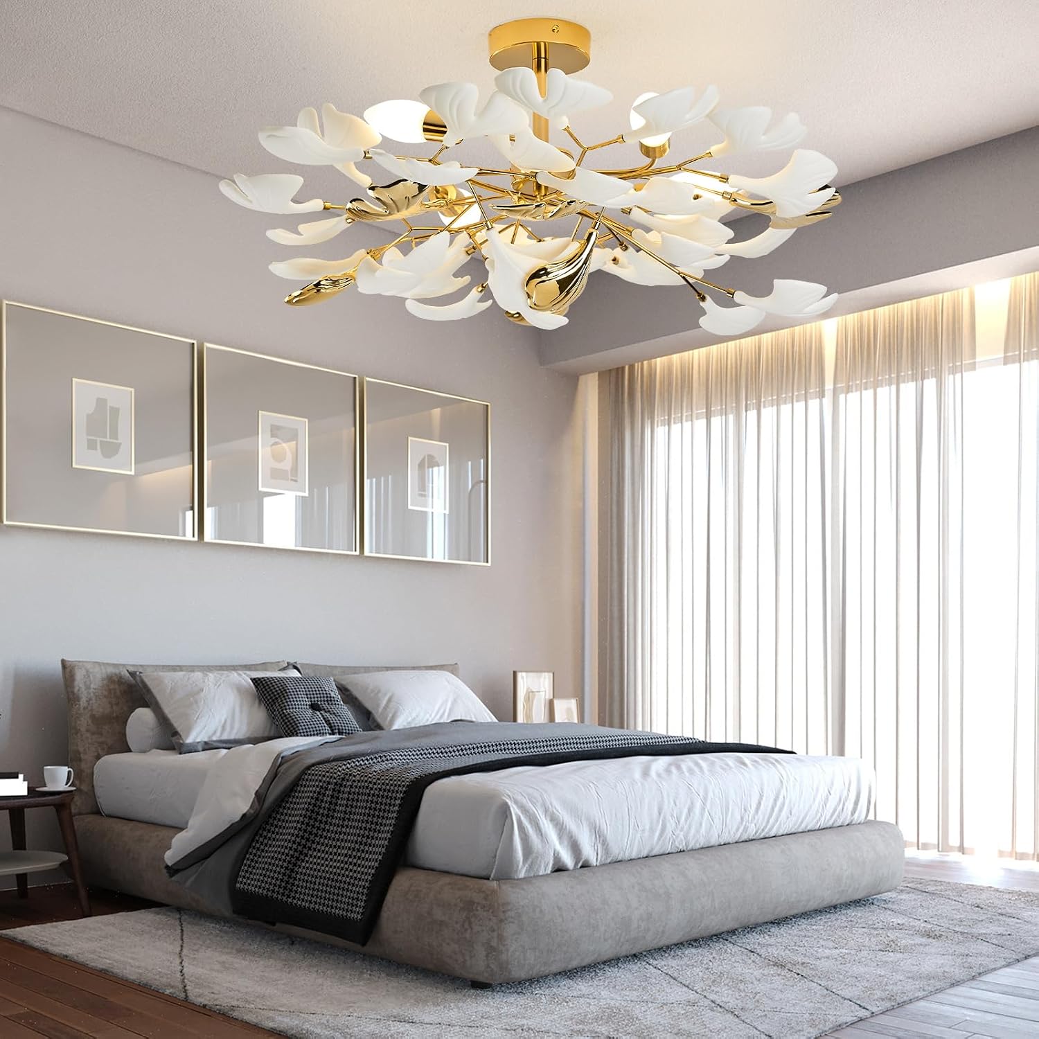 Bedroom Chandelier Ceiling Light, Gold Ceramic Ginkgo Leaf Chandeliers Brass Semi Flush Mount Chandelier Light Fixture for Kitchen Living Room Dining Room, 24" Ceiling Light Fixture