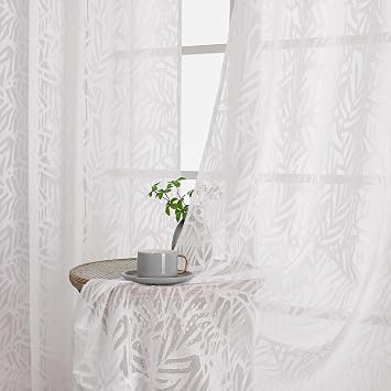 OVZME White Sheer Curtains 84 Inches Long 2 Panels Set, Light Filtering Leaf Jacquard Voile Semi Sheer Curtains for Bedroom, Dual Rod Pocket Textured Window Drapes, 2x42Wx84L Inches