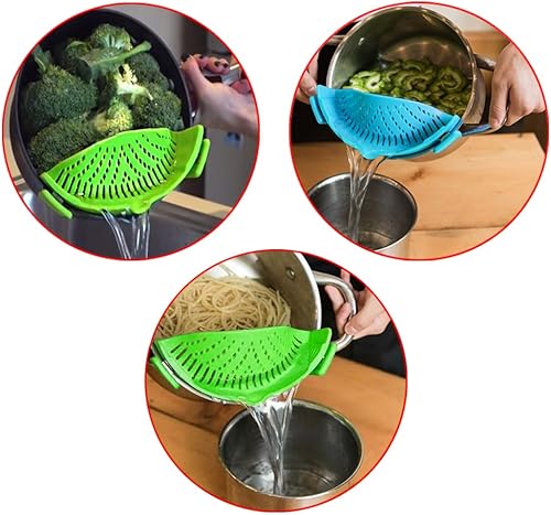Miniatura 2 de DaKuan - Colador a presión, 2 paquetes de colador de manos libres con clip, resistente al calor, boquilla para pasta, fideos vegetales, olla y sartén