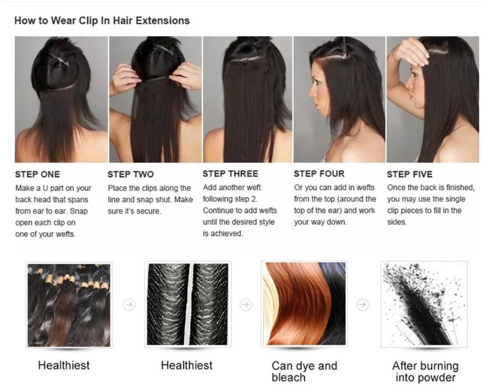 Extensiones de cabello humano real, liso, con clip, de 25 a 60 cm, for mujeres, sin enredos.(16")