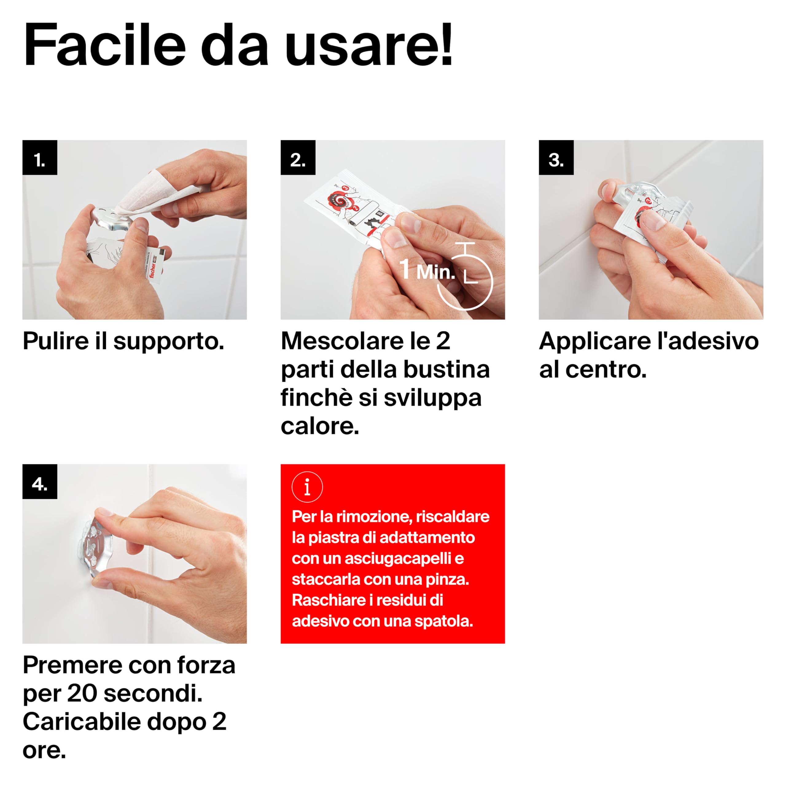 Fischer 4 Pz Colla Fissaggio Accessori Bagno su Piastrelle, Bicomponente, Senza Foratura, per Bagno e Cucina, Tenuta Affidabile, 4 bustine da 4g