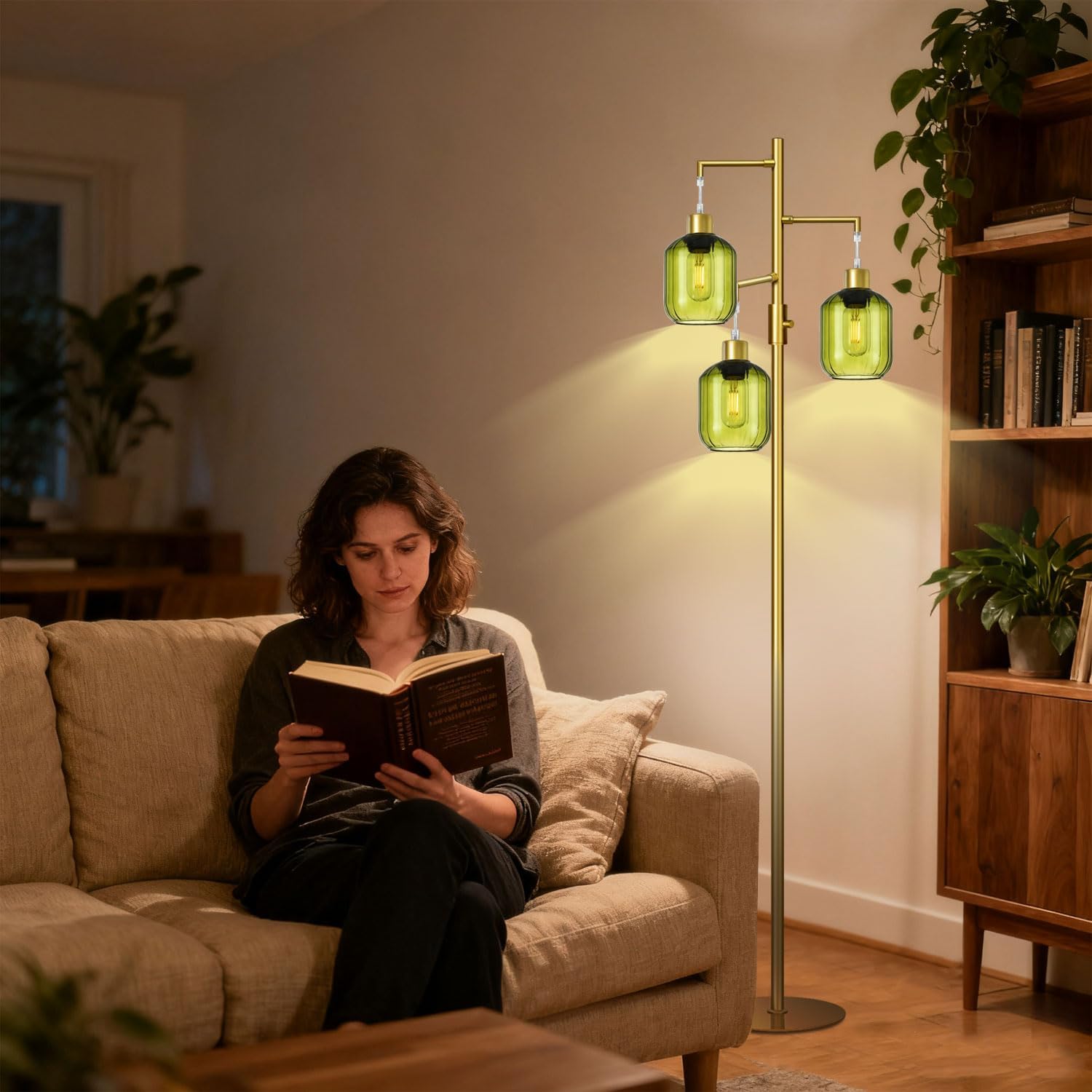 Glass Floor Lamps for Living Room, Modern Standing Lamps with Green Shade, Dimmable Green Tall Floor Lamp, Mid Century Gold 3 Lights Tall Tree Lamp with 3 LED Bulbs