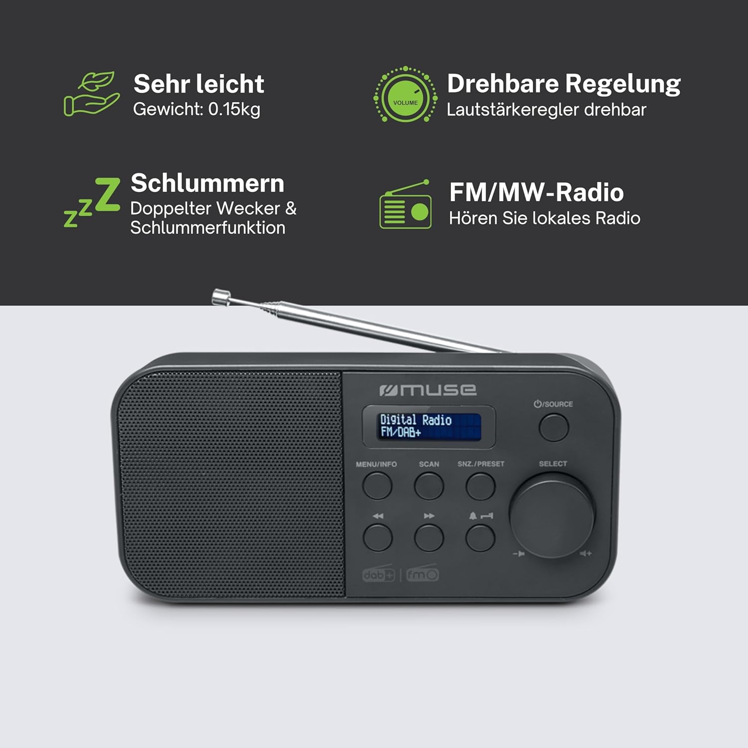 MUSE M-109 DAB+ Radio with feature icons