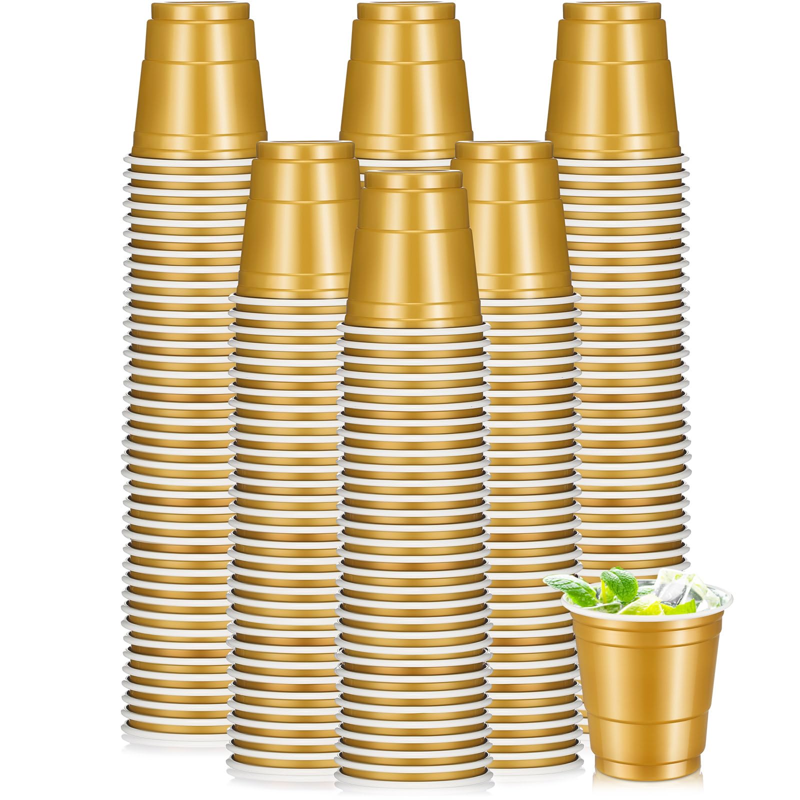 200 Pcs 2 oz Plastic Shot Cups Wine Whiskey Tasting Cups, Gold