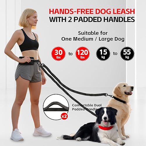 Miniatura 2 de Correa de perro manos libres para 2 perros con cinturón y bolsa grande, correa de cintura para pasear perros, correr y senderismo, correas dobles