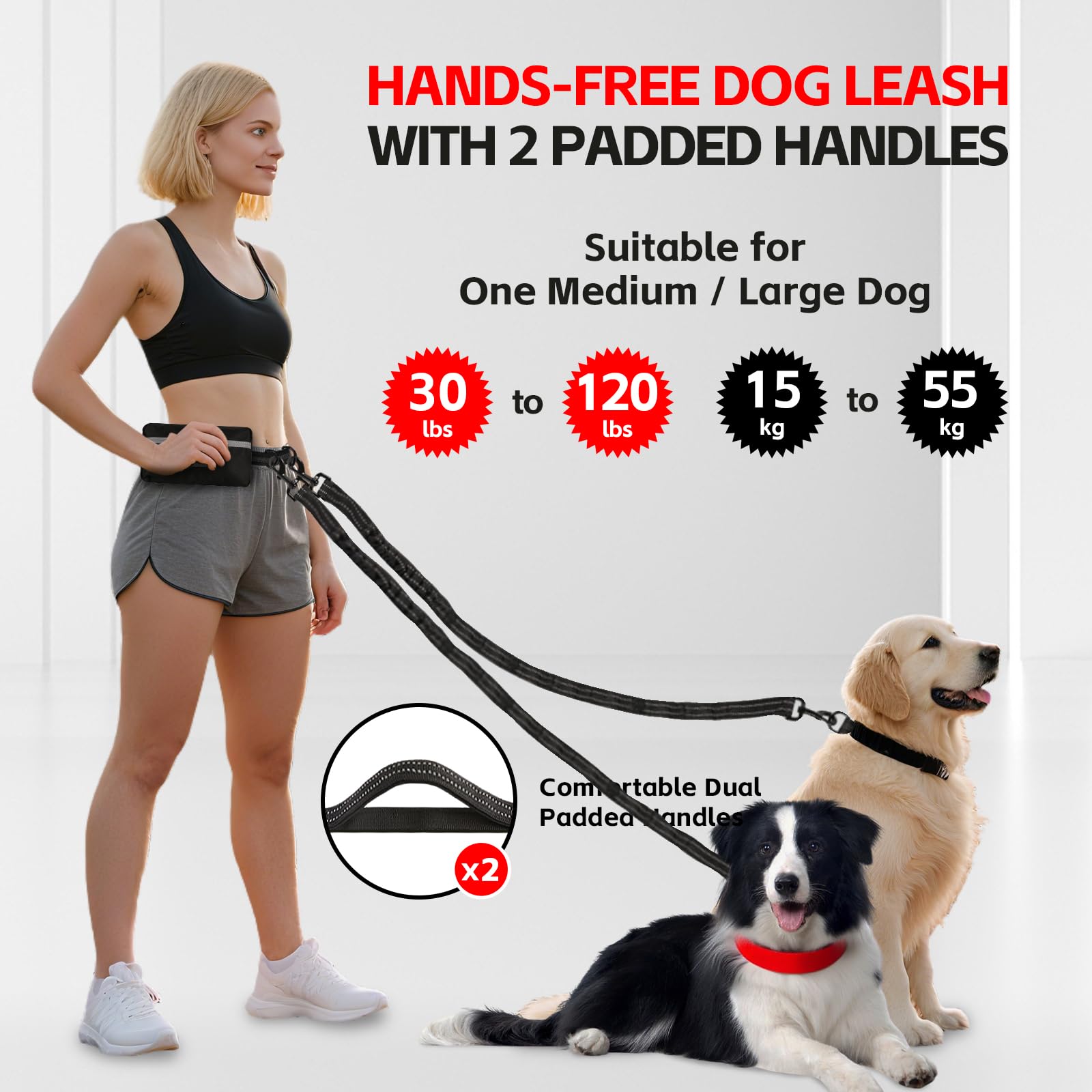 TAIMUTTAL Hands Free Dog Lead for 2 Dogs with Waist Belt & Large Pouch, Waist Dog Lead for Running Walking, Hiking & Jogging - Image 2
