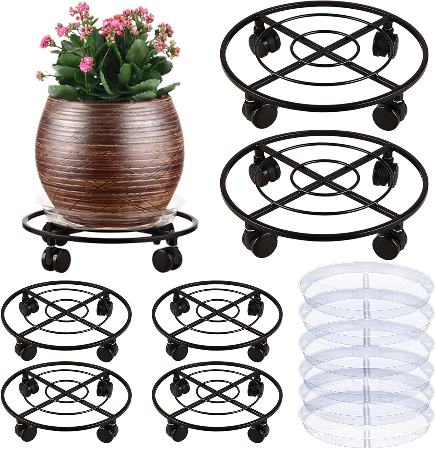 6 Packs Large Metal Plant Caddy 12" Heavy-duty Plant Dolly with PU Wheels Wrought Iron Rolling Plant Stand with Casters Indoor Outdoor Plant Pot Movers Planter Rollers Coaster Trolley, Black