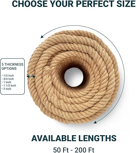 Miniatura 6 de Cuerda de cáñamo de 1 pulgada x 50 pies, cuerda trenzada de 4 hebras resistente para manualidades, decoración náutica, tira y afloja, paisajismo