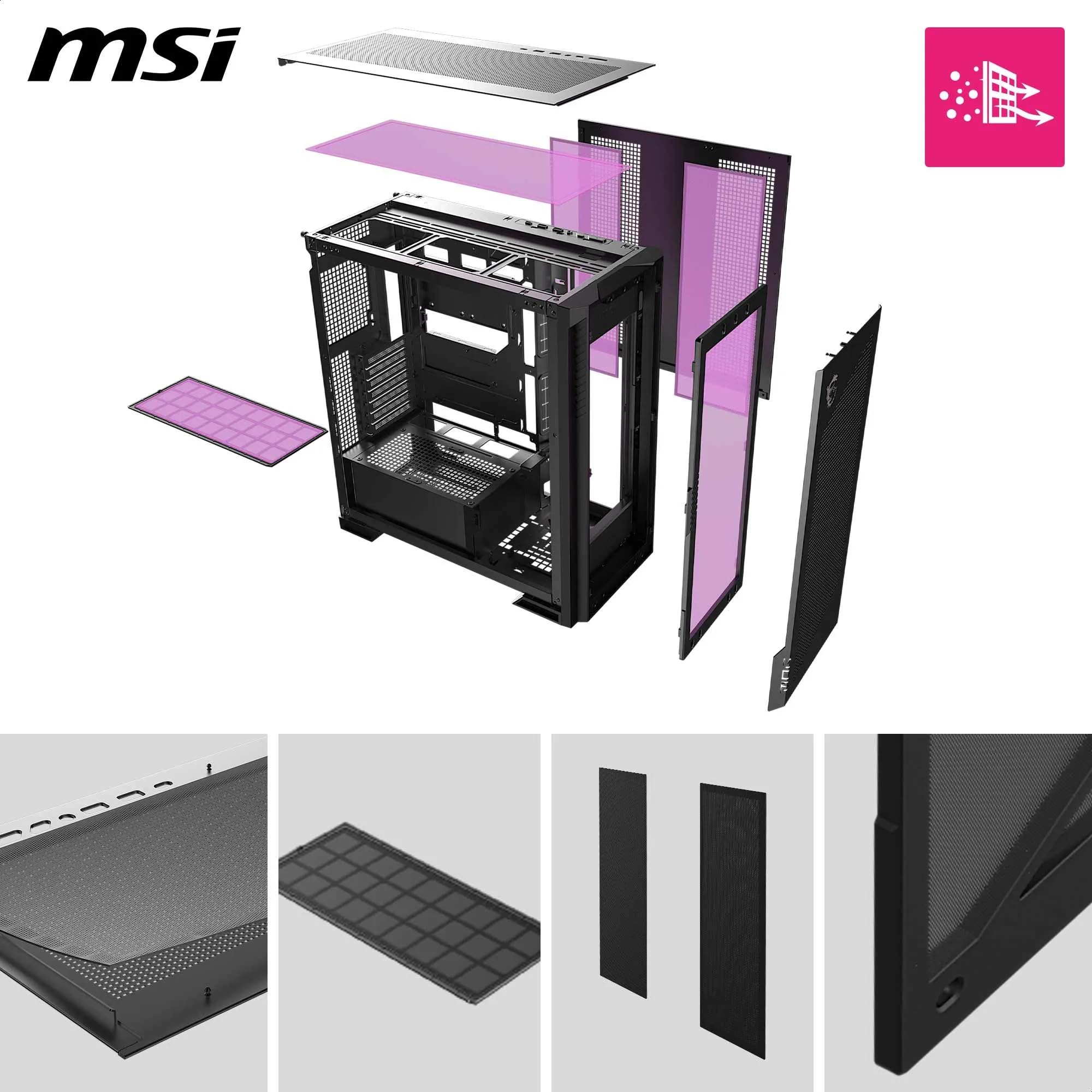 MSI MPG Velox 300R PZ – Torre Gaming ATX con Panel Mesh, Alto Flujo de Aire, Ventiladores ARGB, USB-C, Soporte GPU Vertical, Cristal Templado – Chasis Premium para PC Gaming