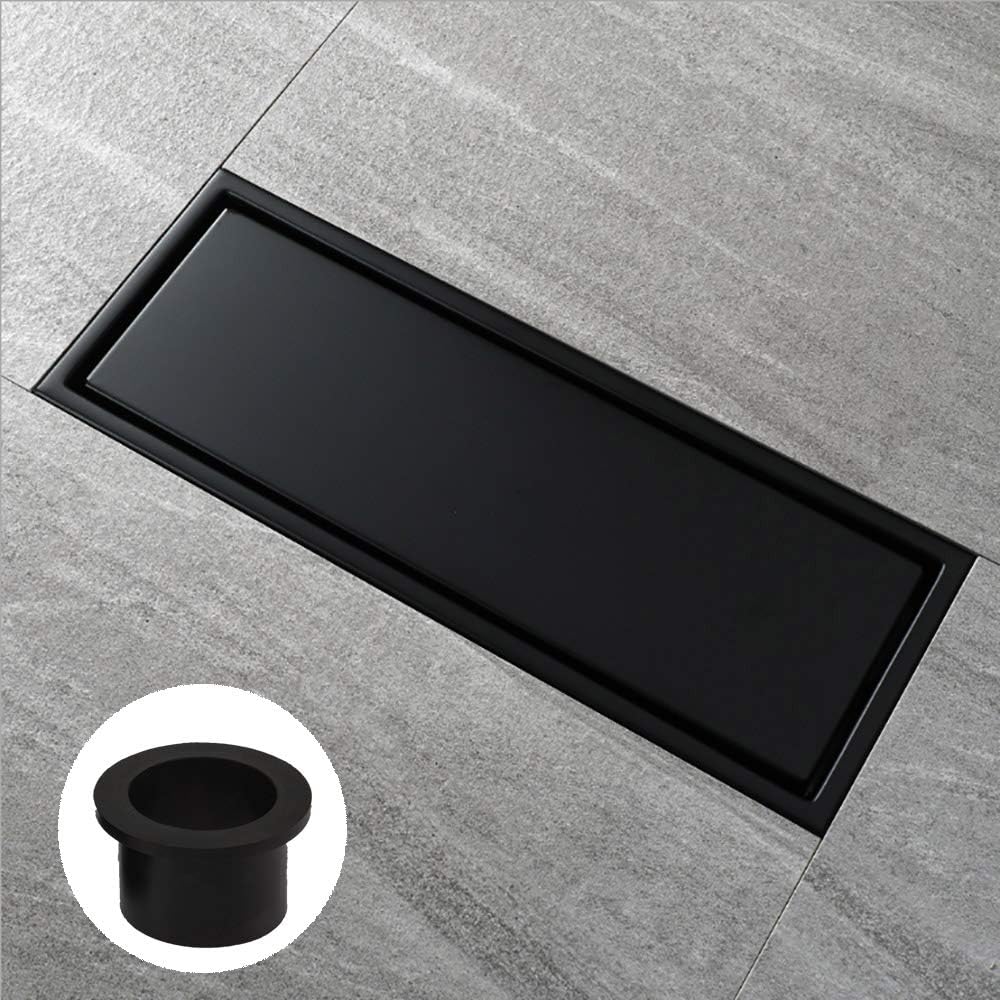 [Rubber Gasket Included]Linear Shower Floor Drain with Tile Insert Grate - 12"x4.4" Shower Drain with Multipurpose Cover,Make of Stainless Steel,Black Plated Finish, Hair Strainer,Hook,Black Matte