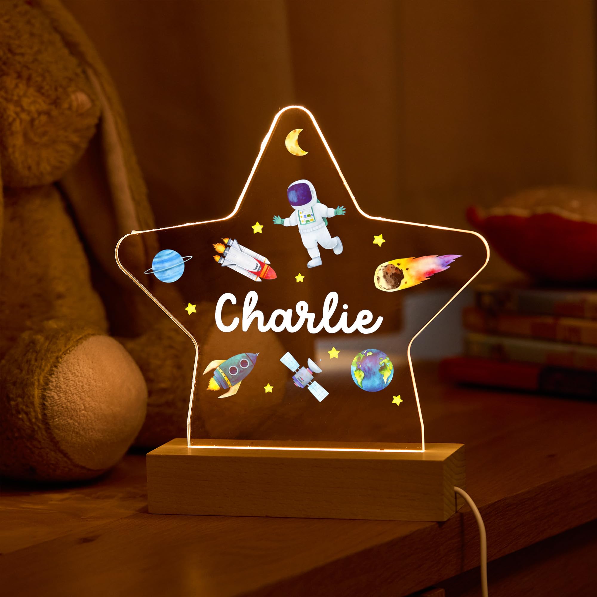 Pomchick Personalised Space Night Light for Boys Kids Room Name Star LED Gift for Son Grandson Birthday Christmas Nursery Decor Astranout Rocket