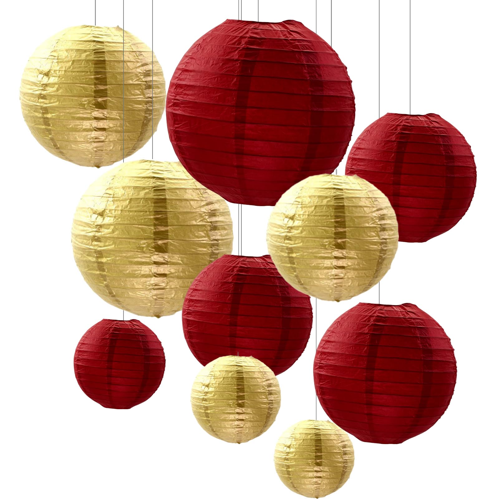 ZYOOO 10pcs Paper Lanterns,10/15/20/25cm Round Hanging Paper Lanterns Decoration for Birthday,Wedding,Harvest,Christmas,Valentine's Day Party Fall Garden Home Decor(Red Gold)