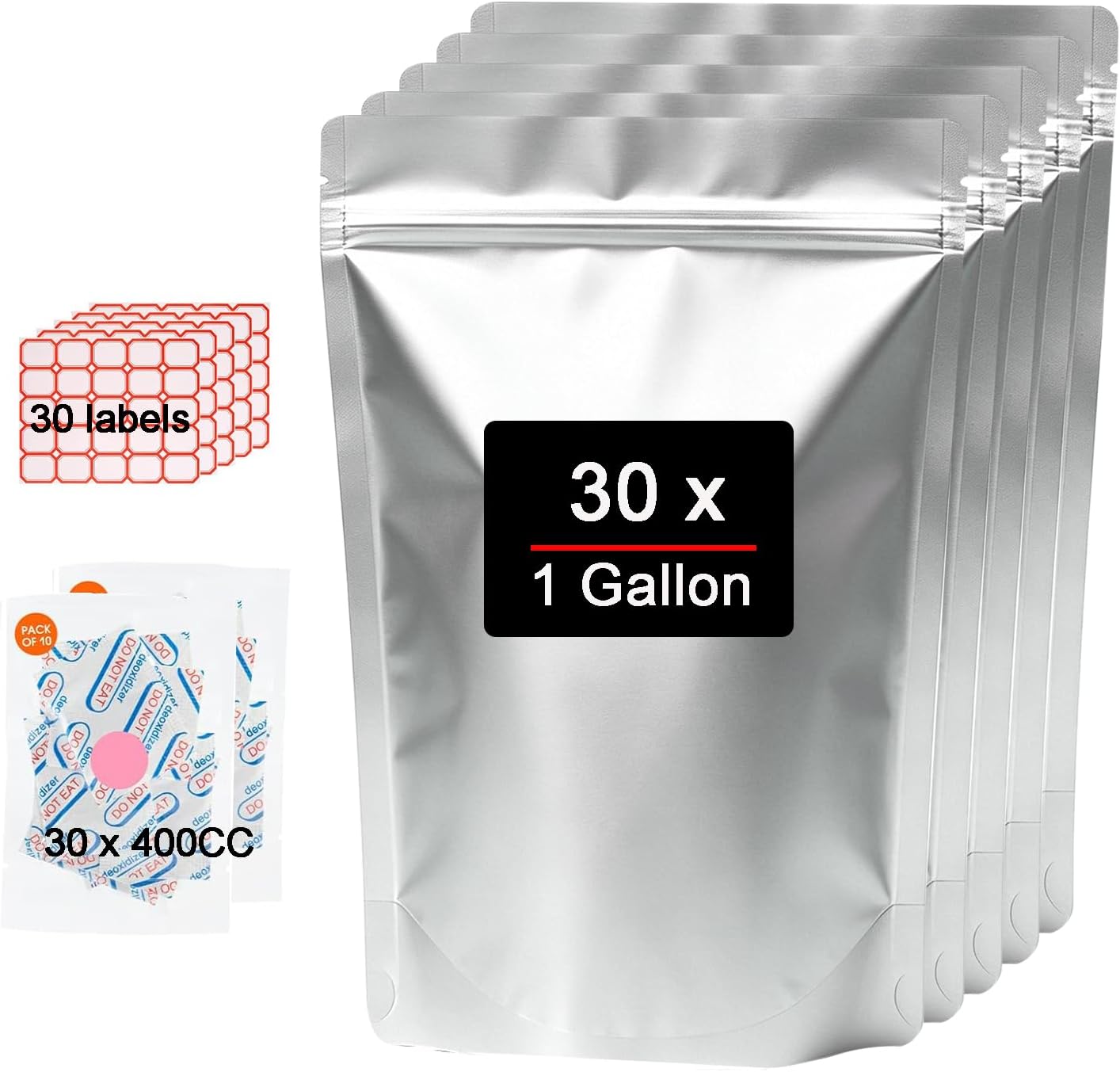 30 PCS 1 Gallon Mylar Bags with 400cc Oxygen Absorbers for Food Storage