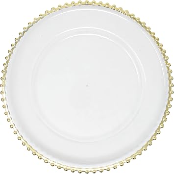 Ms Lovely Clear Charger Plates with Metallic Beaded Rim - Set of 6 - Made of Thick Plastic - Gold