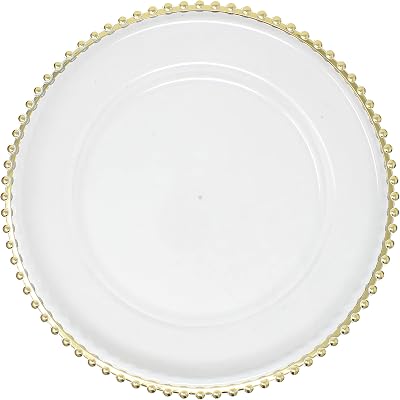 Ms Lovely Clear Charger Plates with Metallic Beaded Rim - Set of 6 - Made of Thick Plastic - Gold
