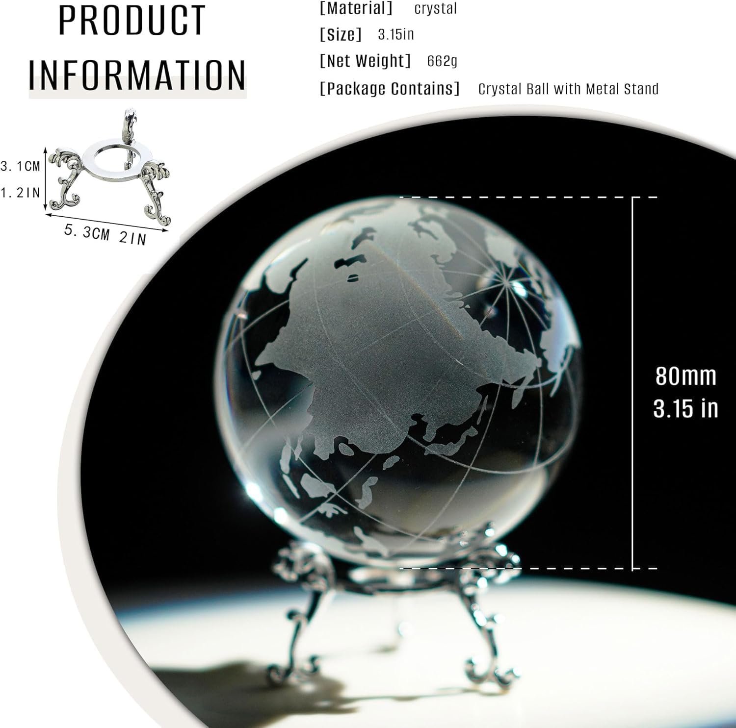 80mm Crystal Earth Globe Ball with Stand World Map Glass Sphere Desk Office Home Decor Glass World Globe Paperweight - Image 2
