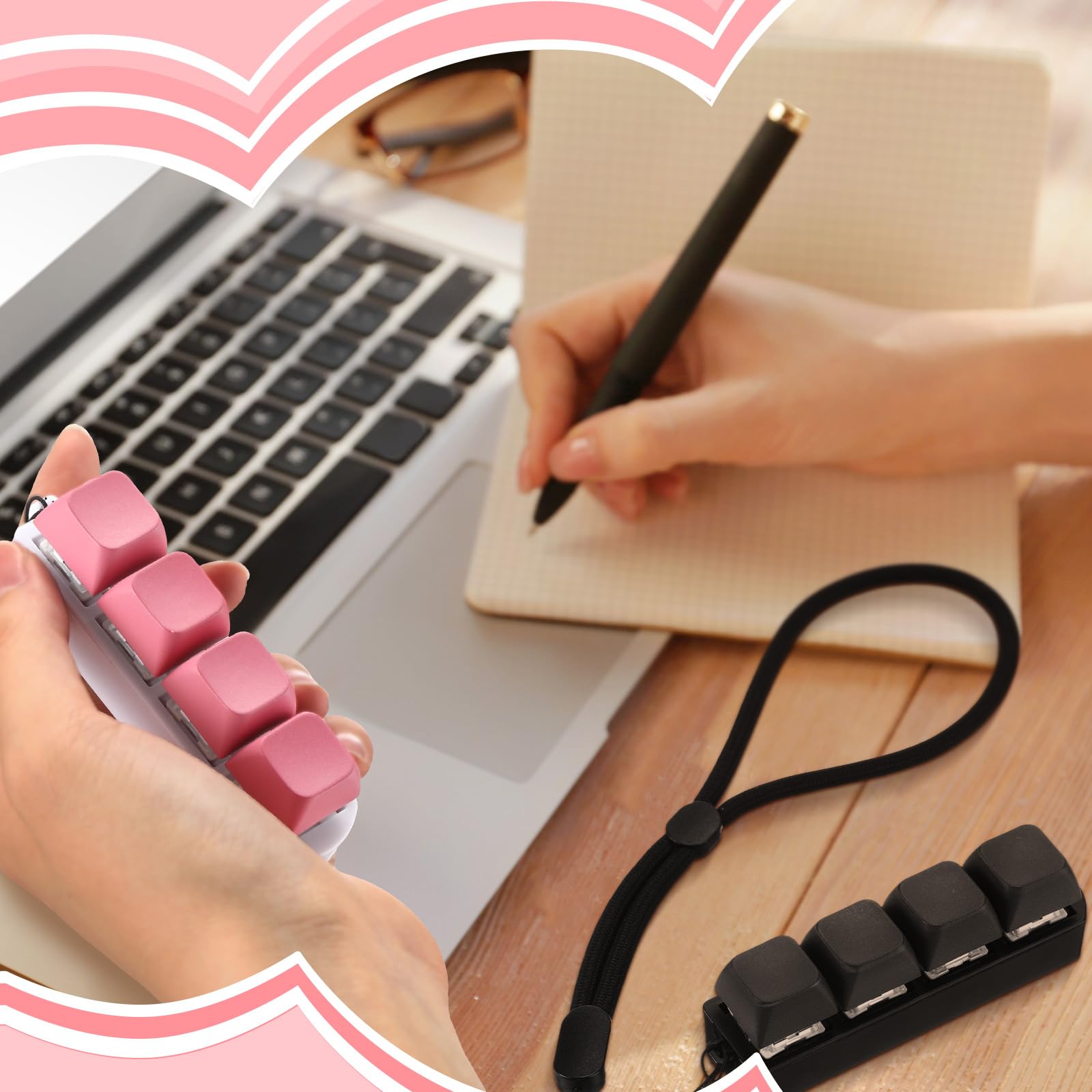 Llavero Antiestrés Con Teclado Mecánico De 4 Botones – Juguete Para Ansiedad Y TDAH En Adultos Y Adolescentes, Color Rosa
