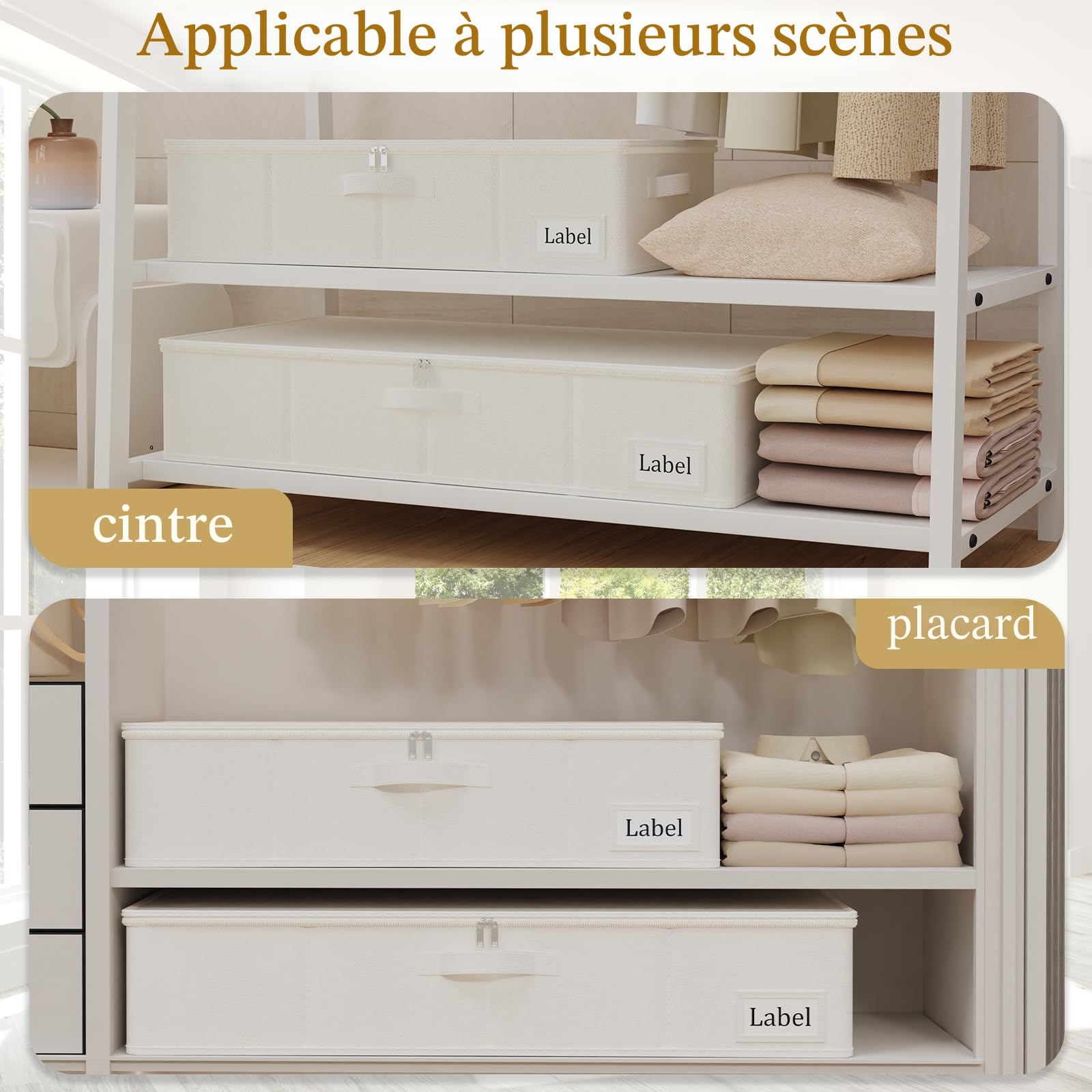 Yawinhe Sac de Rangement Sous Lit avec Couvercle, Organisateurs de Placards Pliable, avec 4 Poignées Renforcées, pour Ranger Les vêtements, Literie, Beige, 80x40x15cm, 2-Pack