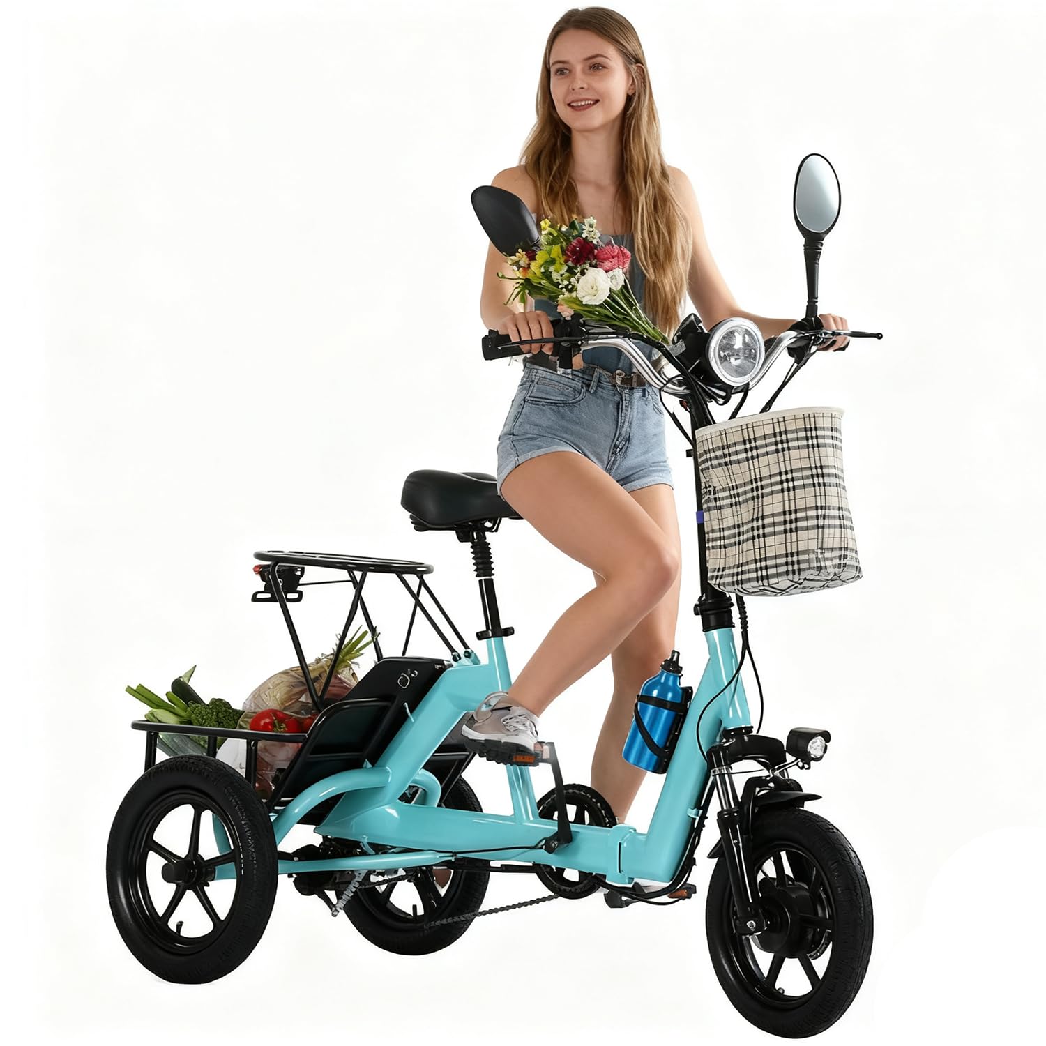 Triciclo Elettrico per Adulti 3 Ruote Pieghevole 48V Ebike con presa di ricarica e doppi cestinie e supporto smartphone – 11–20 km/h, Doppi Freni, Display LCD,Perfetto per Spostamenti Urbani Green