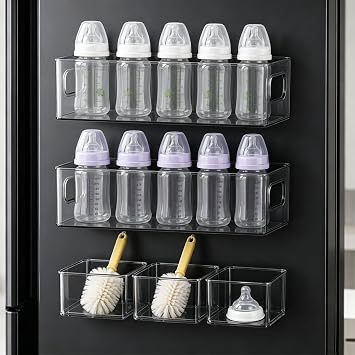 5 Pack Magnetic Baby Bottle Organizer for Refrigerator 2 Large + 3 Small Boxes | Refrigerator & Kitchen Storage Solution ,Space-Saving Stackable Design for Baby Bottles, Food, Essentials
