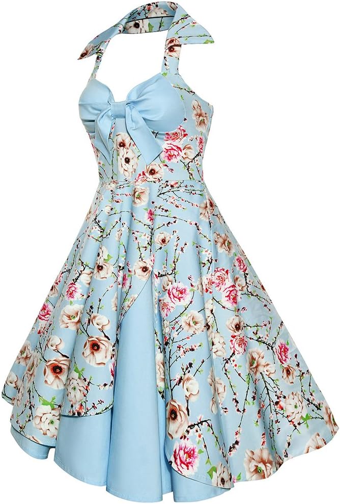 Women Vintage Polka Dot 1950s Rockabilly Halter Audrey Dress Retro Floral Evening Cocktail Swing Dress - Image 3