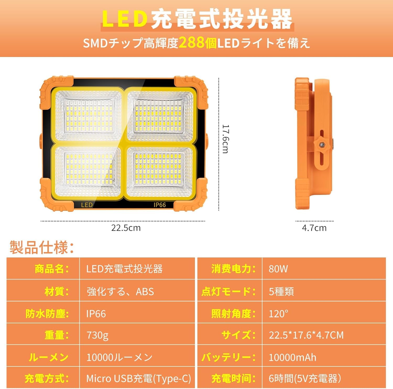 Amazon.co.jp: 【F-Drive】LED投光器 充電式 10000mAH オレンジ色