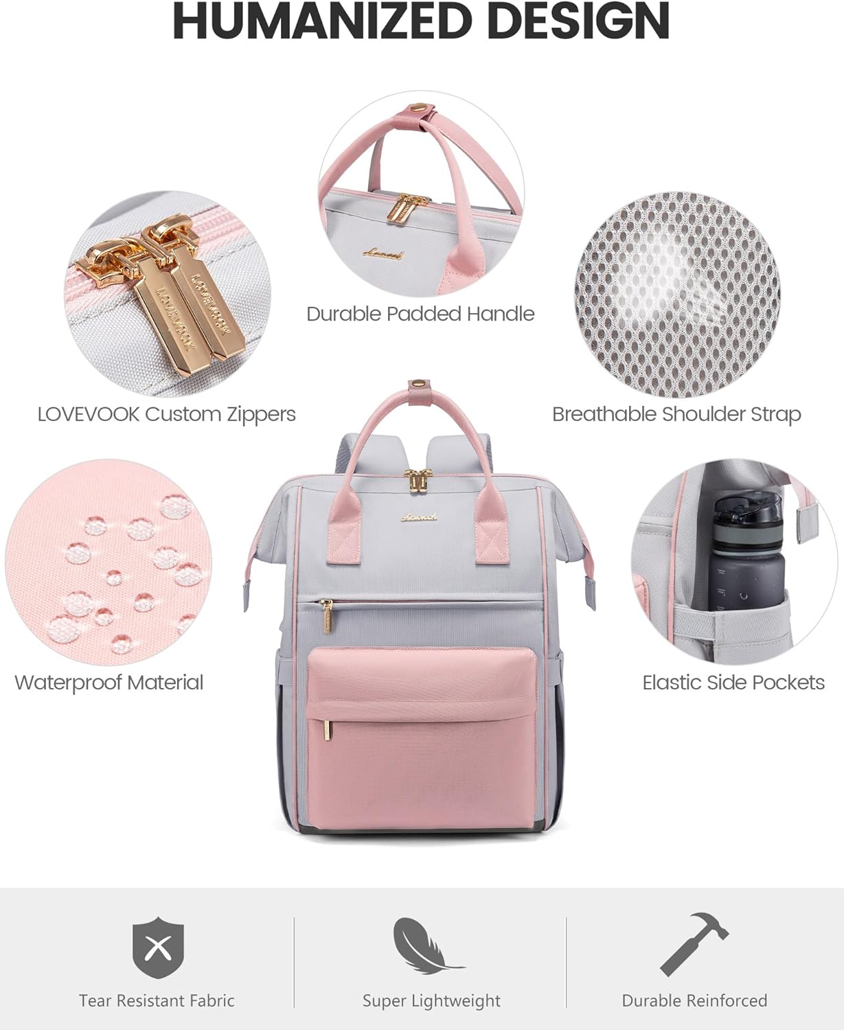 LOVEOVOOK 15.6 Inch Laptop Backpack for Women, Large Capacity Travel Backpack with USB Charging Port, Waterproof Work Backpack for Business, College, Nursing & Airline Travel,Pink&Gray - Image 5