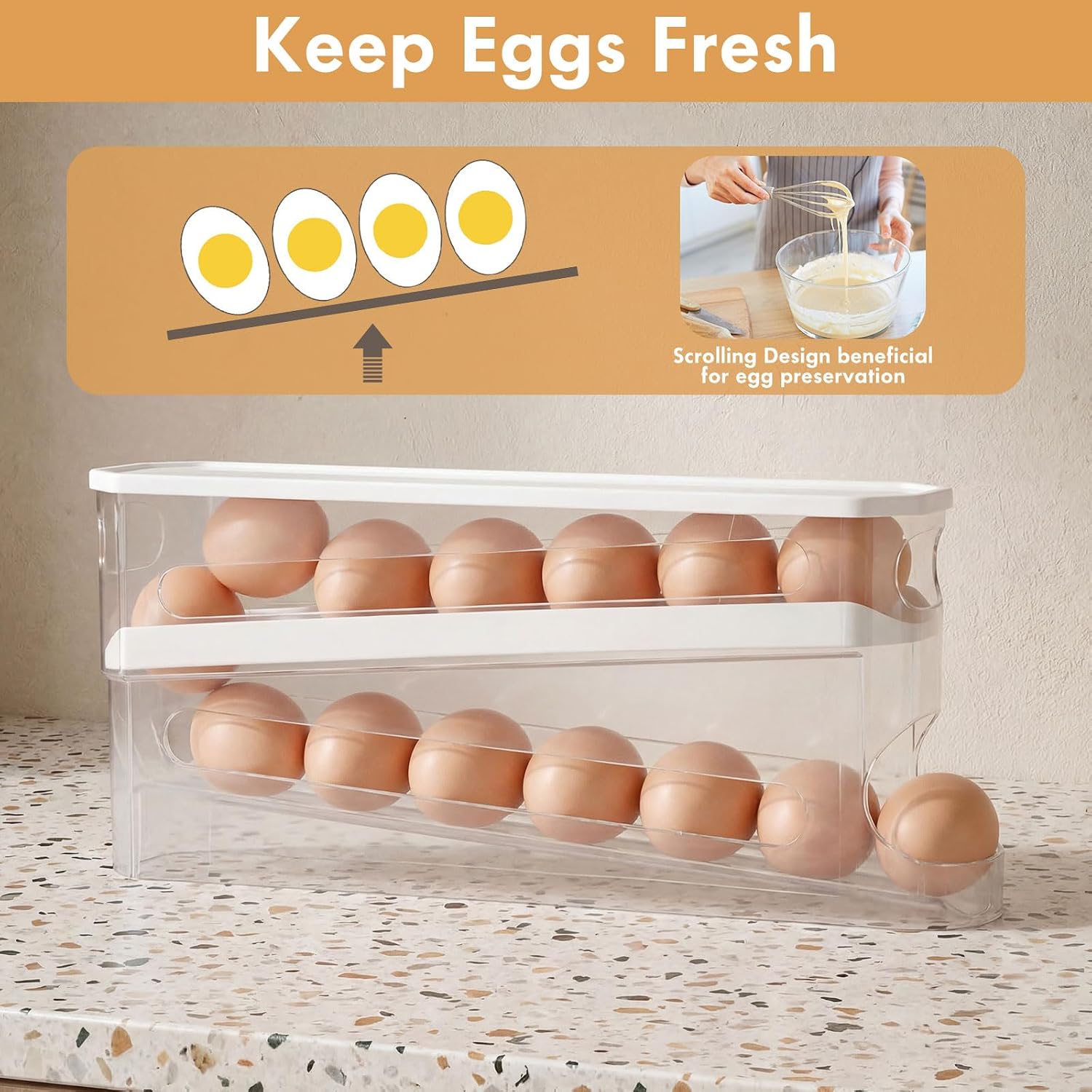 Didaey 4 Pcs Egg Holder for Fridge, Automatic Rolling Egg Storage Organizer with Lid, Stackable Fifo Eggs Dispenser for Refrigerator, Space Saving Transparent Eggs Container for Freshness