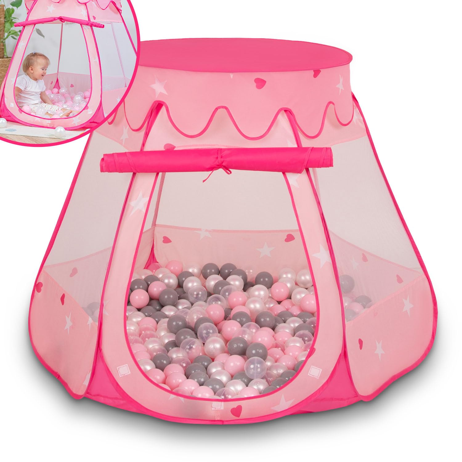 Selonis Baby Spielzelt Mit Plastikbällen Zelt 105X90cm/100 Bälle Plastikkugel Kinder, Pink:Perle-Grau-Transparent-Puderrosa