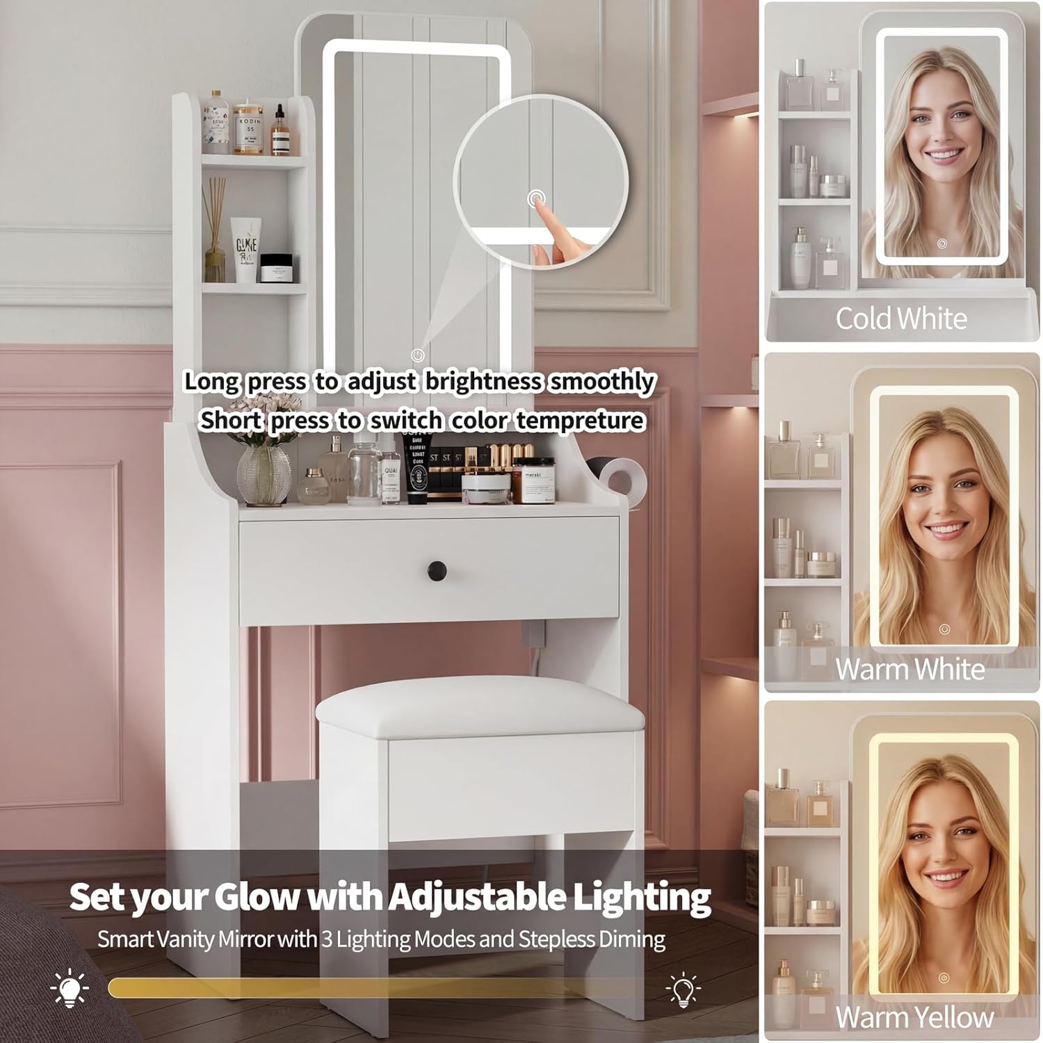 Small Vanity Desk with Charging Hub and Hair-Dryer Holder, Mirror and Light Stepless Dimmable, Bedroom Dressing Table for Makeup, White