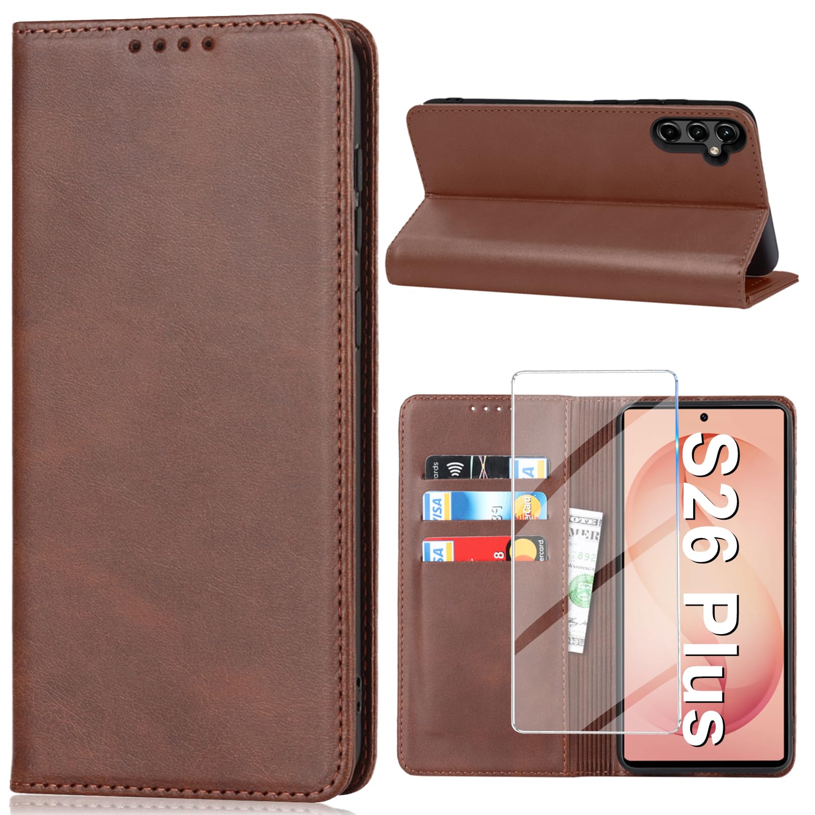 Vaki Handyhülle für Samsung Galaxy S26 Plus Hülle mit Schutzfolie, Cover PU Leder Wallet Kartenfach Klapphülle, Schutzhülle für Samsung S26 Plus 5G Flip Case Coqu Tasche Handyschutz (Braun)