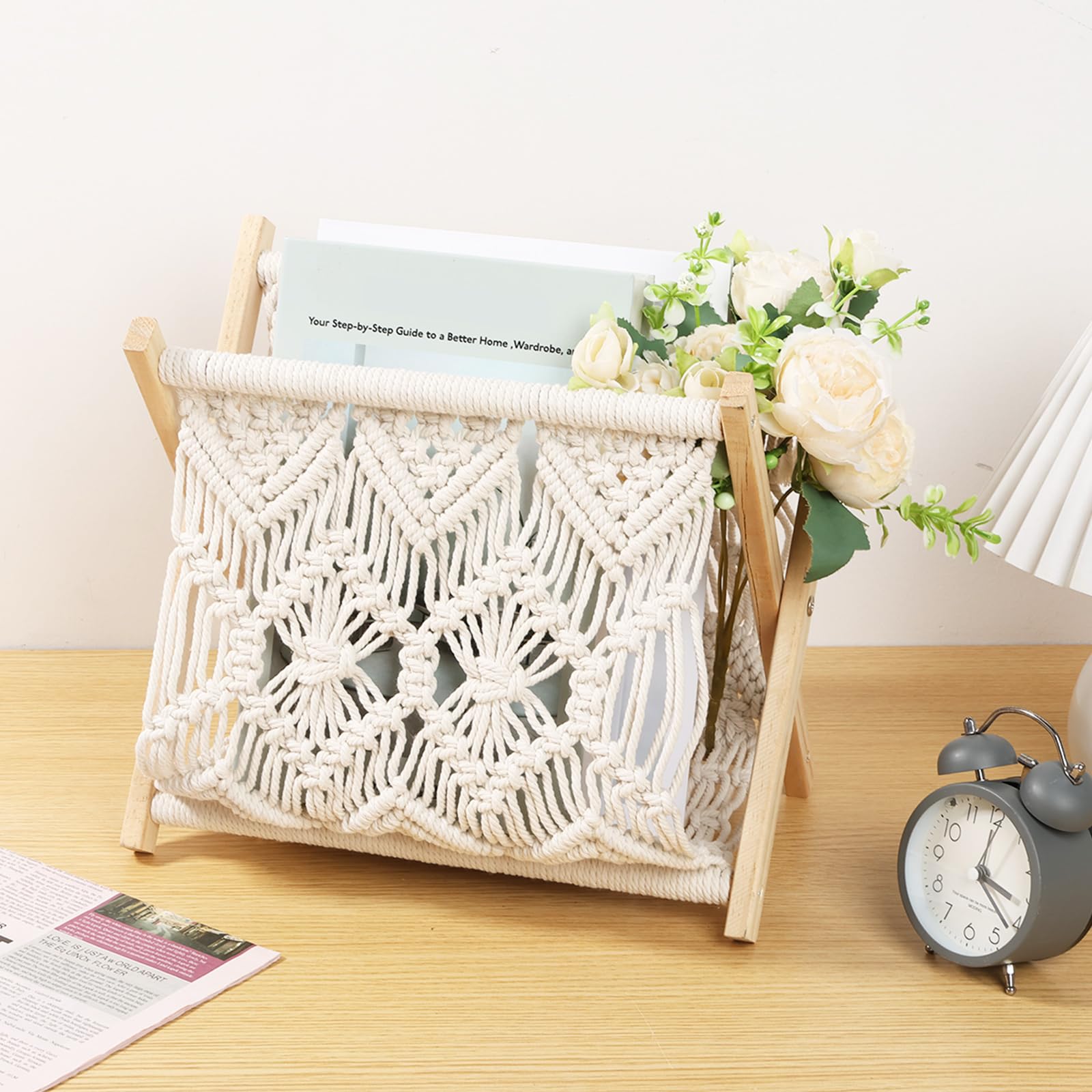 Zhjiutak Macrame Magazine Rack, Floor Standing Basket Firm Magazine Storage Basket Elegant Bohemian Magazines Organizer Space Saving ,Cotton Rope Organiser for Living Room