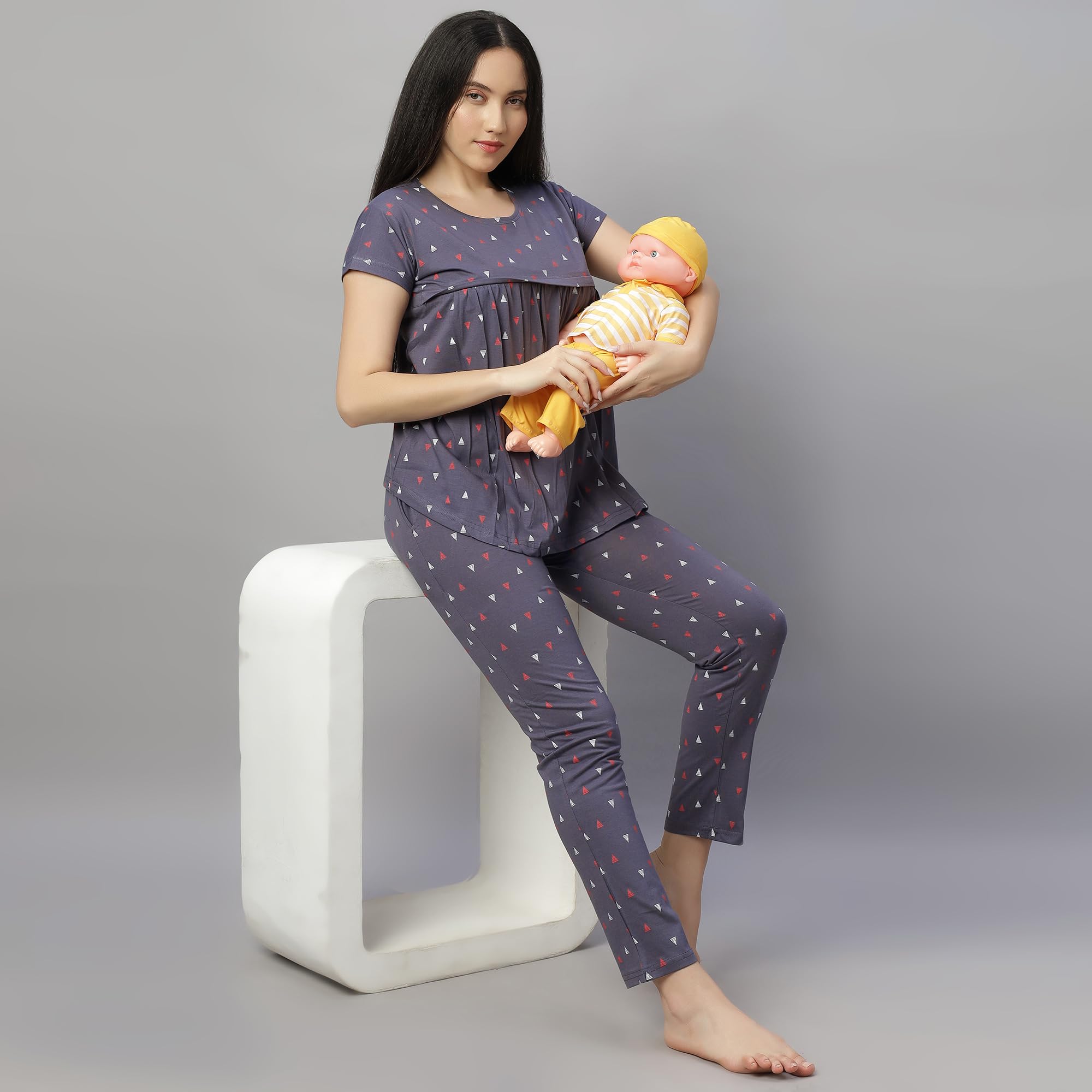 DZZO Women's Cotton Printed Maternity Night Suit | Comfortable Feeding Night Dress | Soft & Breathable Nursing Pajama Set | Color - Grey, Size - M - Image 6 thumbnail