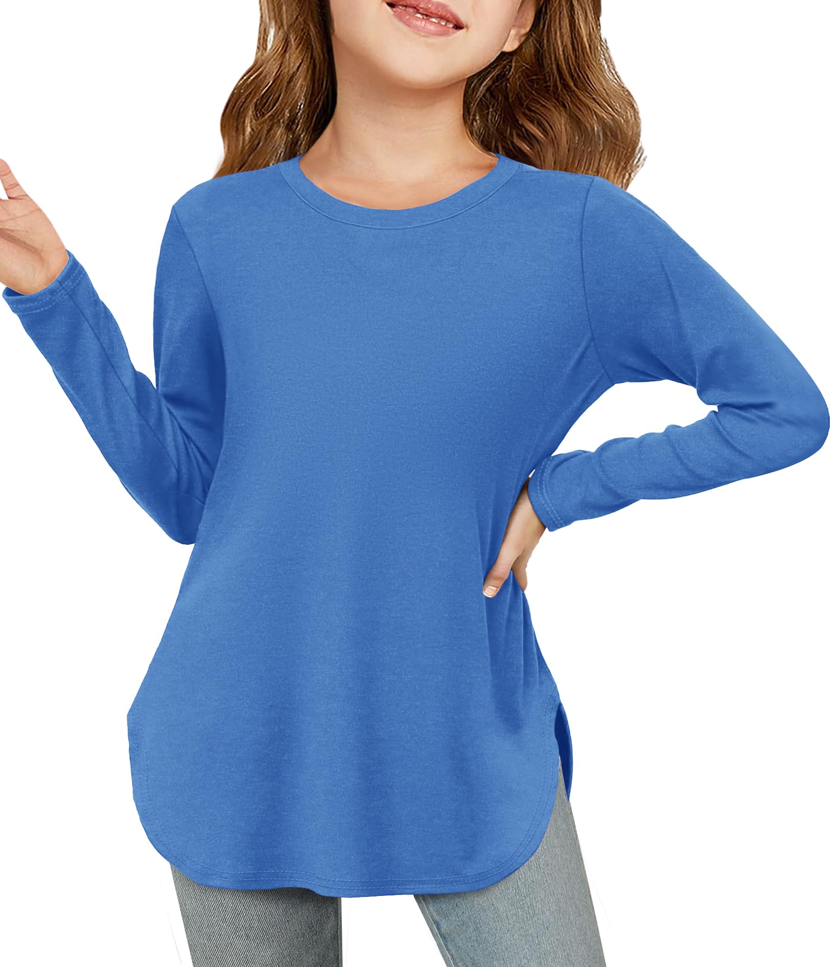 Haloumoning Mädchen Langarmshirt Kinder Rundhals Langarm T-Shirt Einfarbig Niedlich Tunika Oberteile Freizeit Basic Tops mit Seitenschlitzen, Saphirblau, 5-6 Jahre